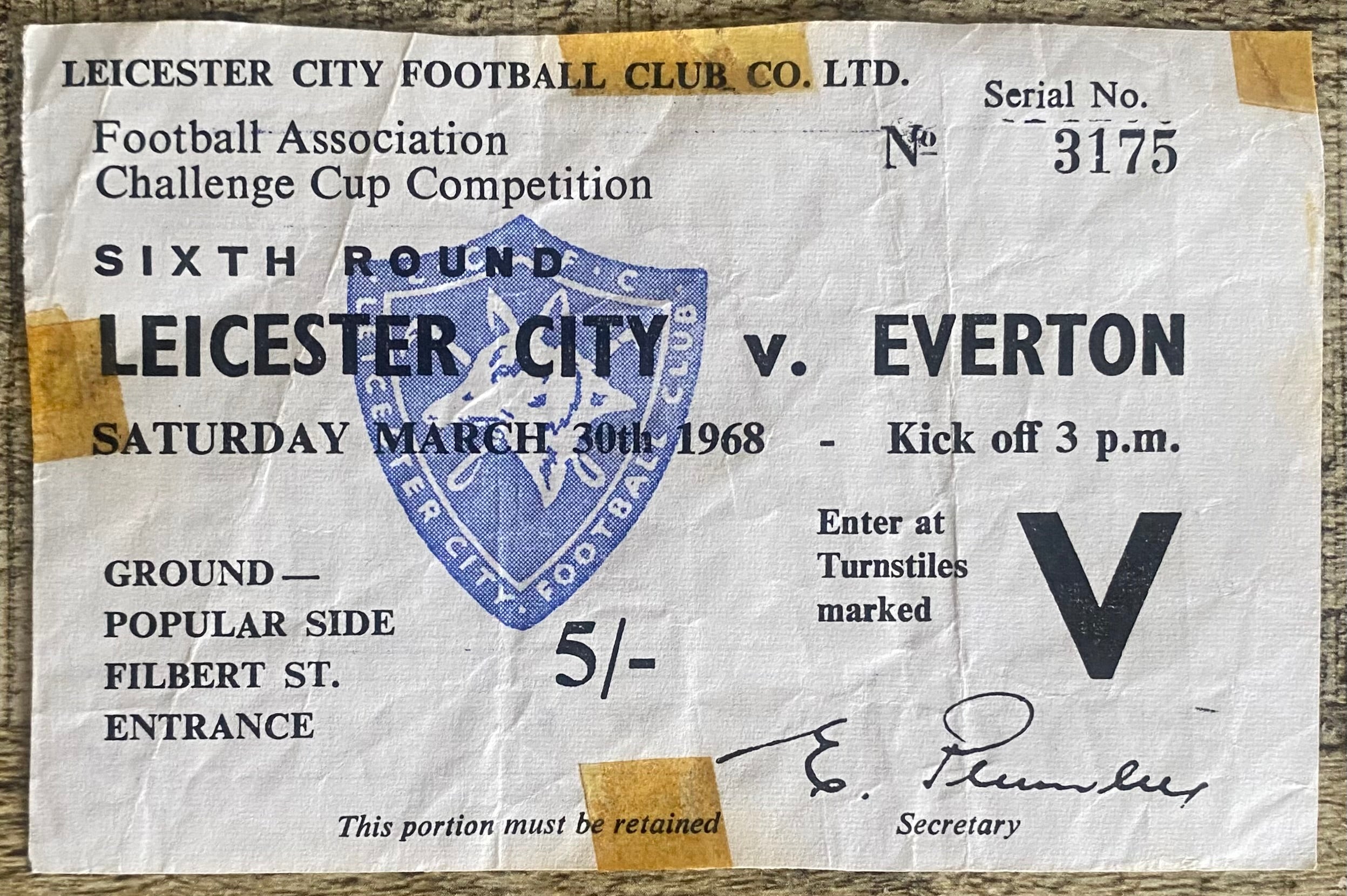 1967/68 ORIGINAL FA CUP 6TH ROUND TICKET LEICESTER CITY V EVERTON