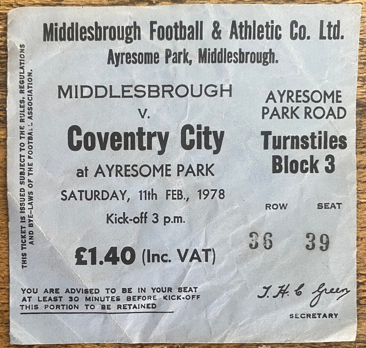 1977/78 ORIGINAL DIVISION ONE TICKET MIDDLESBROUGH V COVENTRY CITY