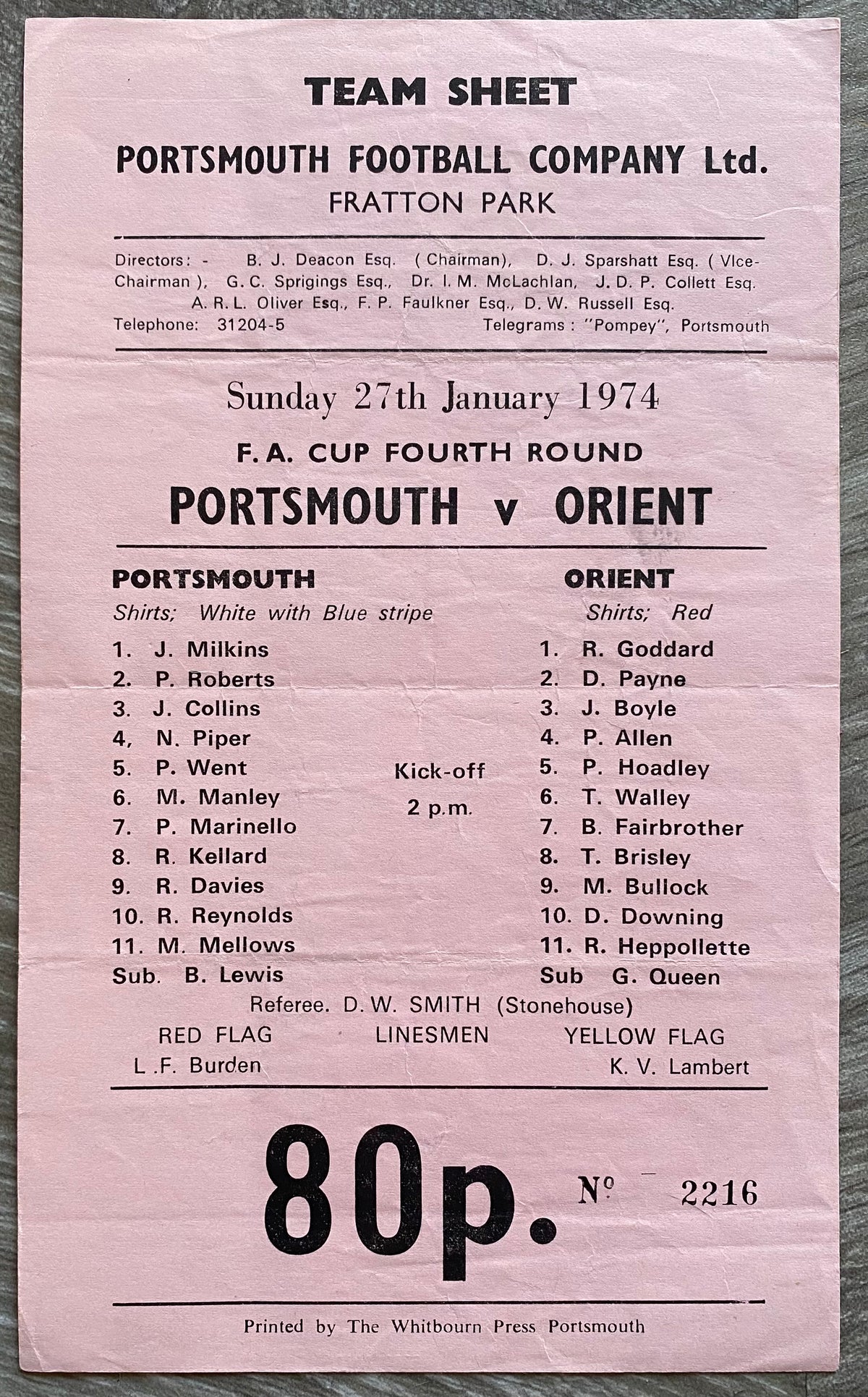 1973/74 ORIGINAL FA CUP 4TH ROUND TEAMSHEET TICKET PORTSMOUTH V ORIENT
