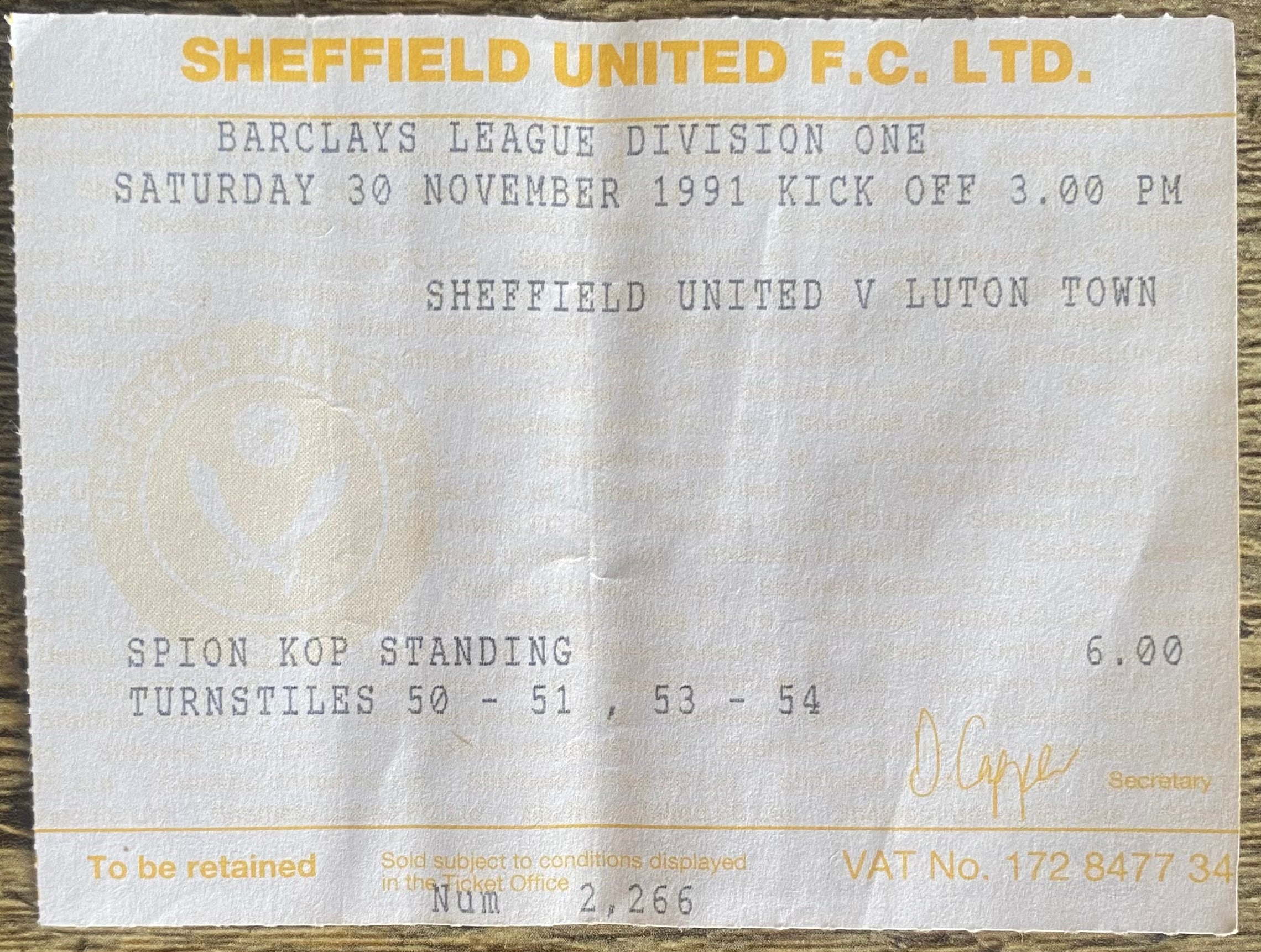 1991/92 ORIGINAL DIVISION 1 TICKET  SHEFFIELD UNITED V LUTON TOWN