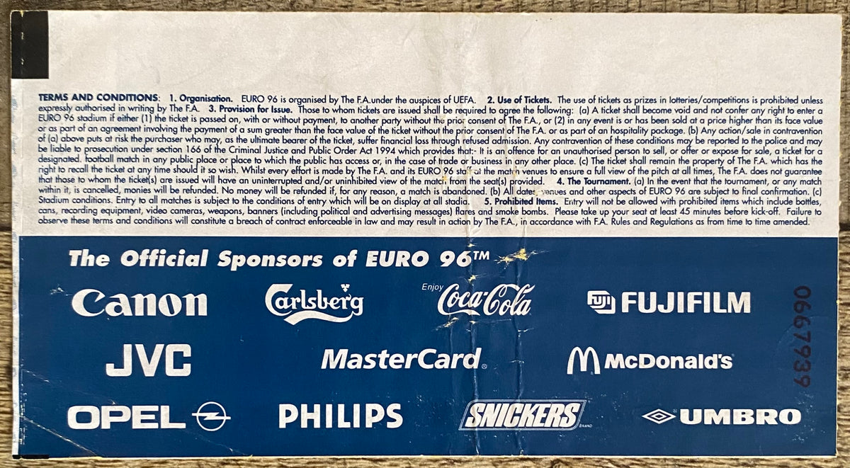1996 ORIGINAL EUROPEAN CHAMPIONSHIPS EURO 96 THE FINAL TICKET CZECH REPUBLIC V GERMANY @ WEMBLEY