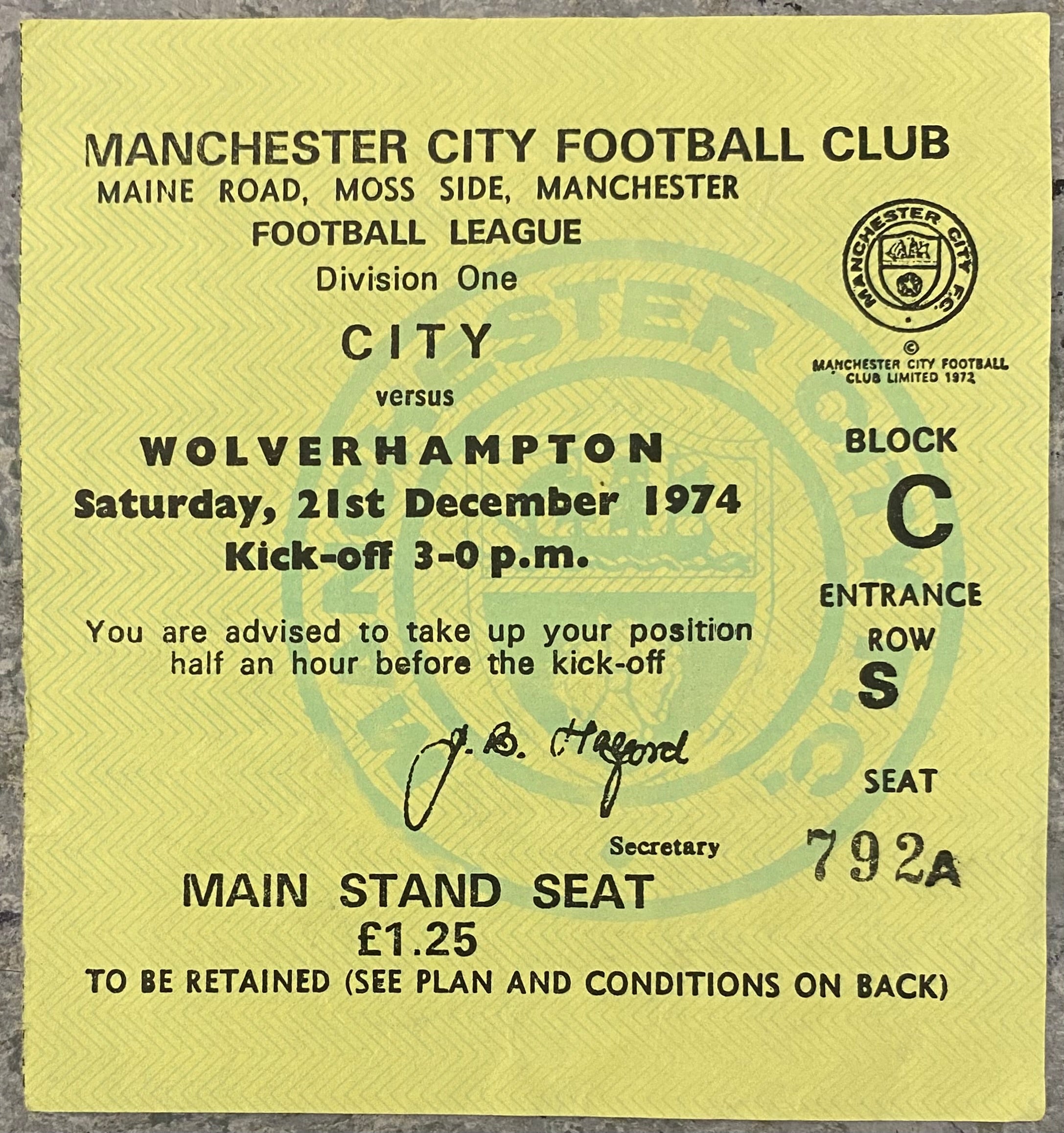 1974/75 ORIGINAL DIVISION 1 TICKET MANCHESTER CITY V WOLVERHAMPTON WANDERERS