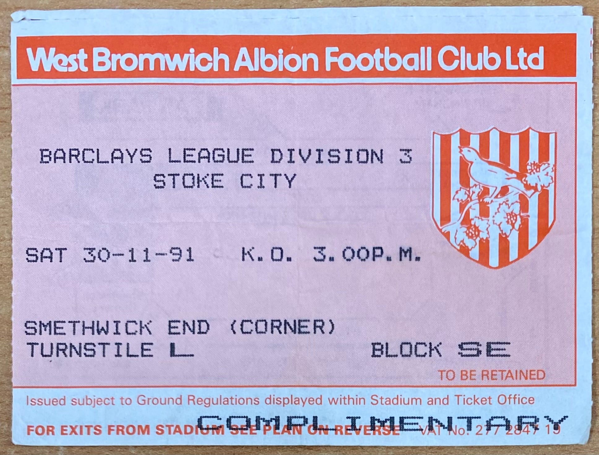1991/92 ORIGINAL DIVISION 3 TICKET WEST BROMWICH ALBION V STOKE CITY