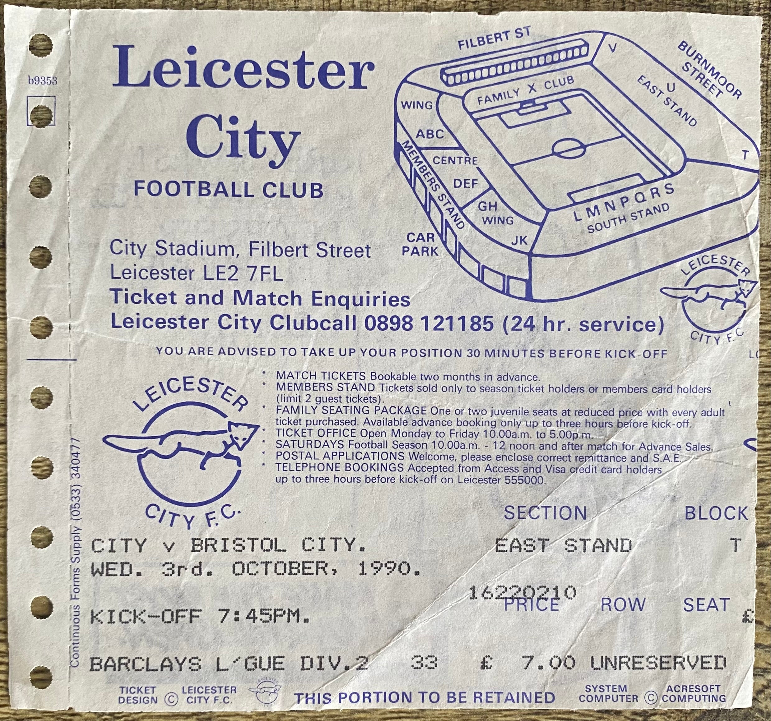1990/91 ORIGINAL DIVISION 2 TICKET LEICESTER CITY V BRISTOL CITY