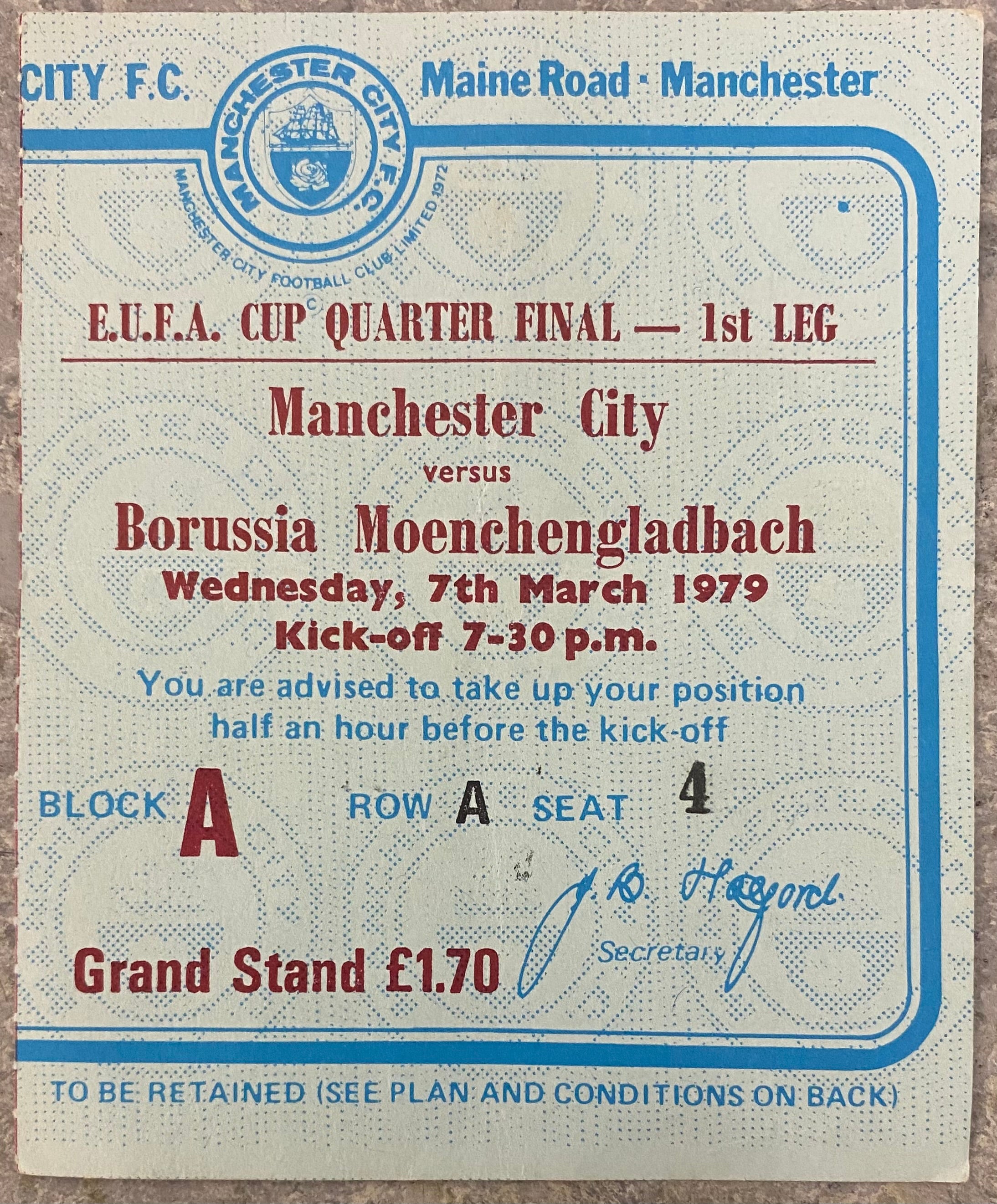 1978/79 ORIGINAL UEFA CUP QUARTER FINAL 1ST LEG TICKET MANCHESTER CITY V BORUSSIA MOENCHENGLADBACH