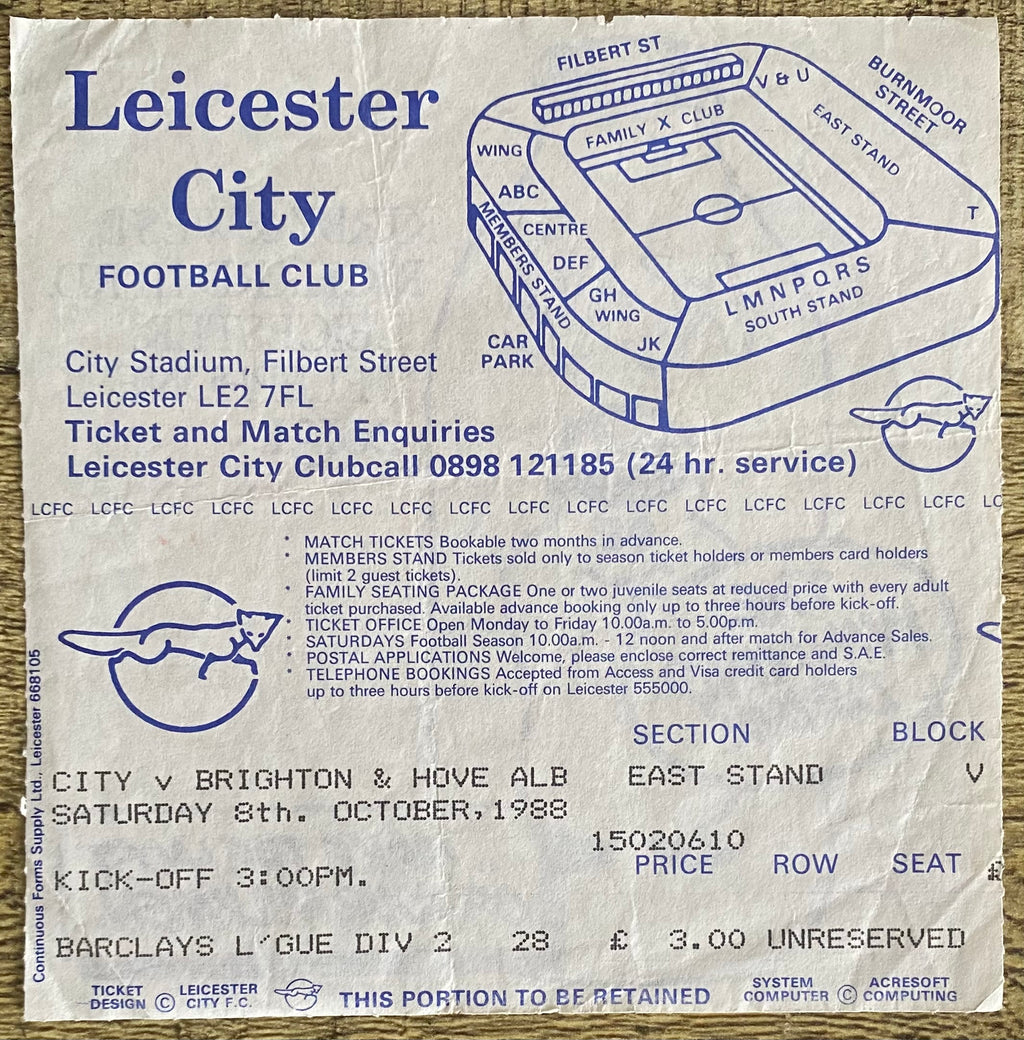 1988/89 ORIGINAL DIVISION TWO TICKET LEICESTER CITY V BRIGHTON AND HOVE ALBION
