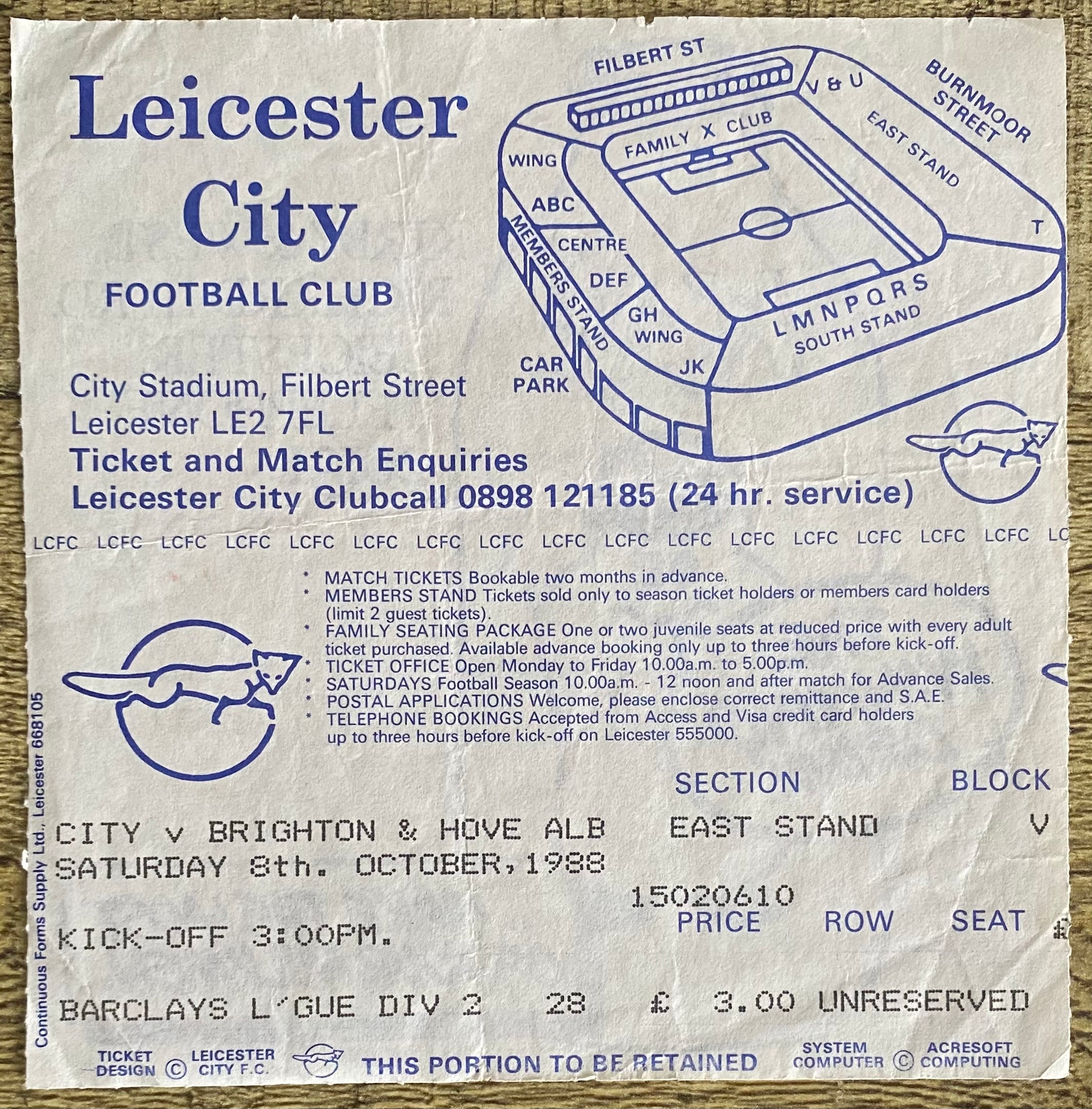 1988/89 ORIGINAL DIVISION TWO TICKET LEICESTER CITY V BRIGHTON AND HOVE ALBION
