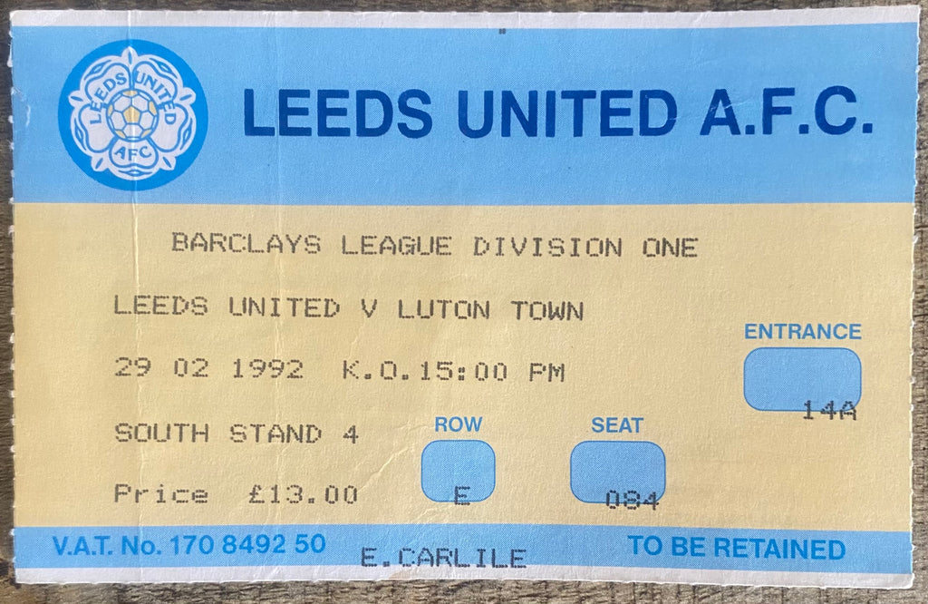 1991/92 ORIGINAL DIVISION 1 TICKET LEEDS UNITED V LUTON TOWN