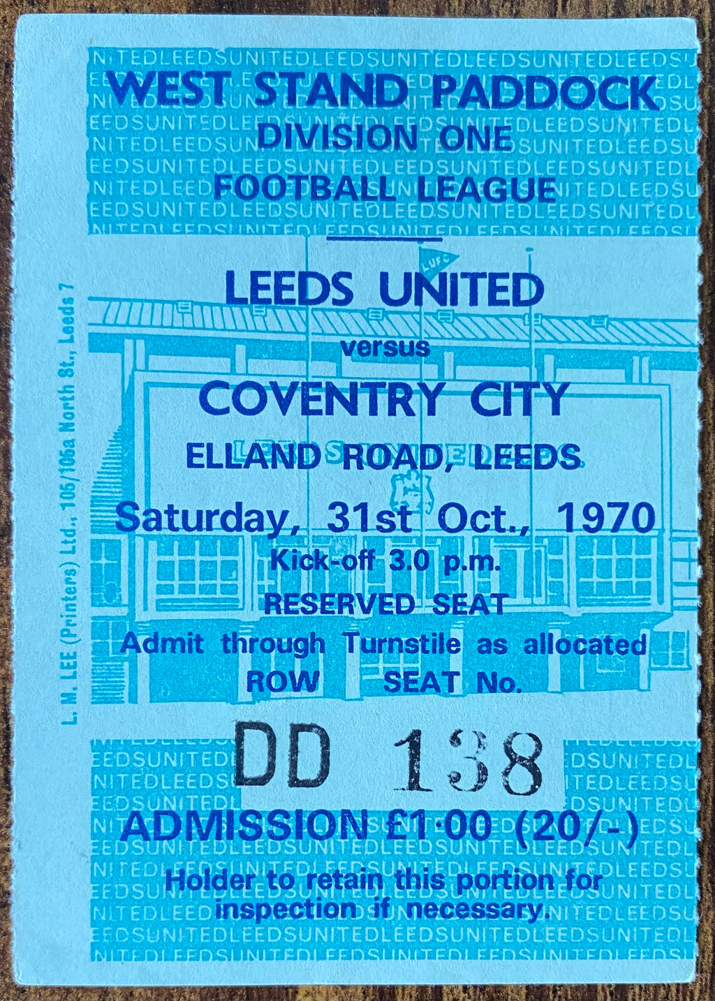 1970/71 ORIGINAL DIVISION ONE TICKET LEEDS UNITED V COVENTRY CITY