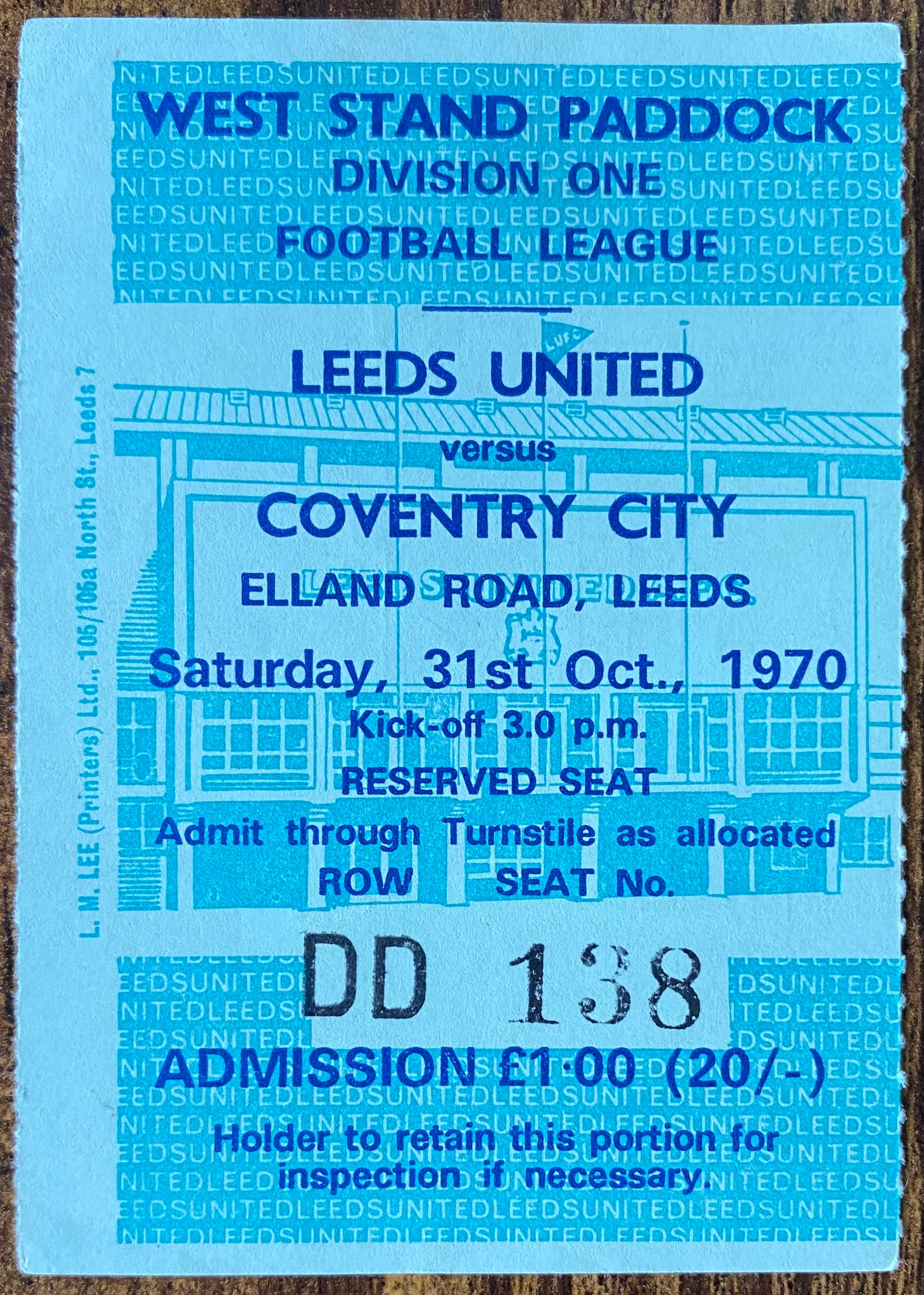 1970/71 ORIGINAL DIVISION ONE TICKET LEEDS UNITED V COVENTRY CITY