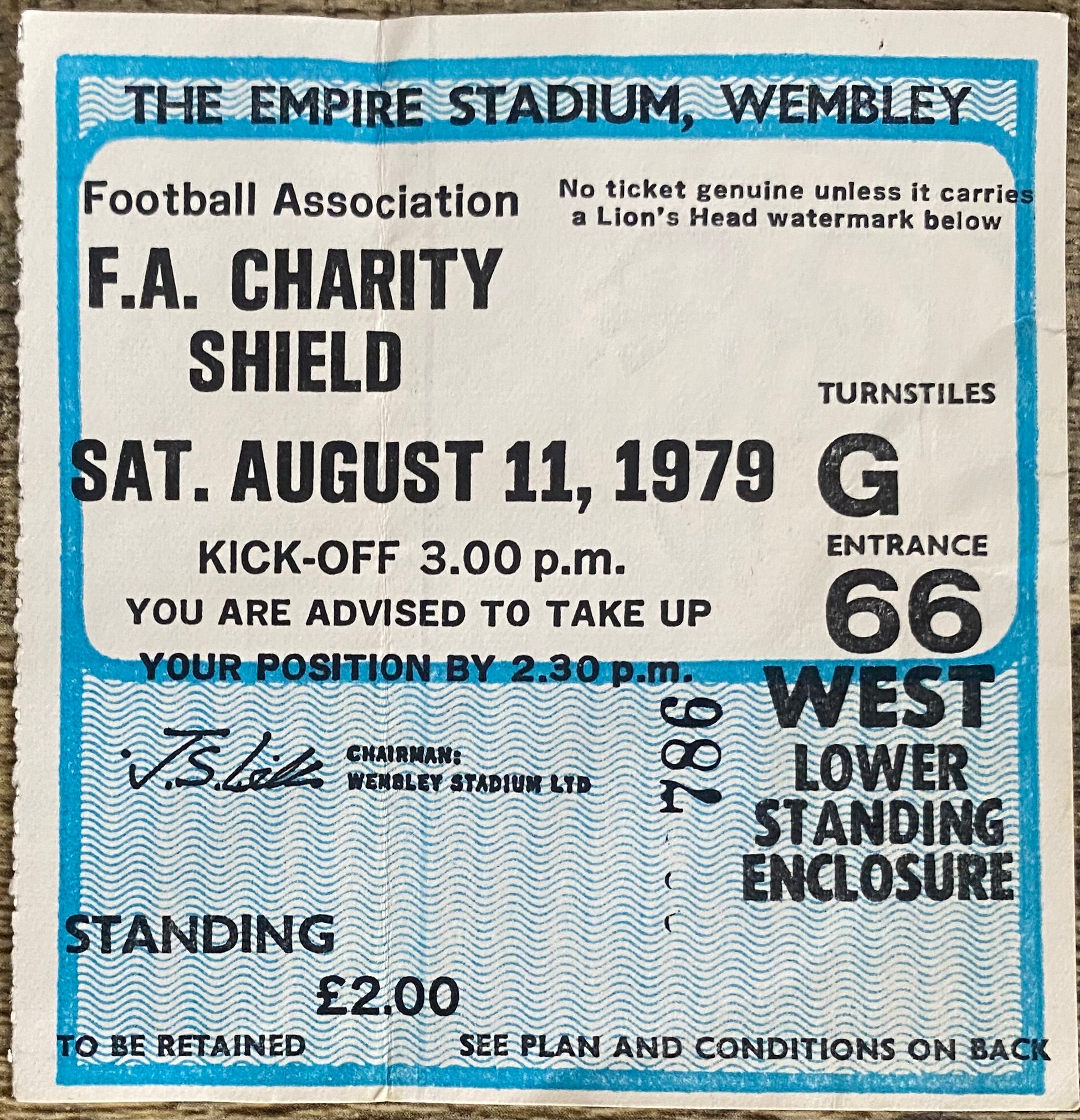 1979 ORIGINAL CHARITY SHIELD TICKET LIVERPOOL V ARSENAL