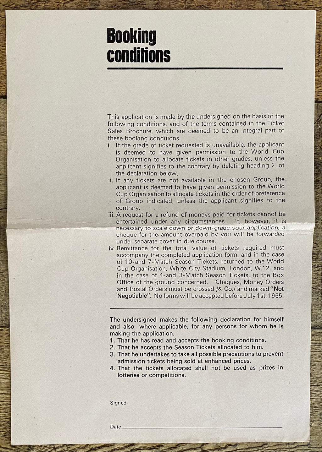 1966 WORLD CUP ORIGINAL OFFICIAL TICKET APPLICATION FORM
