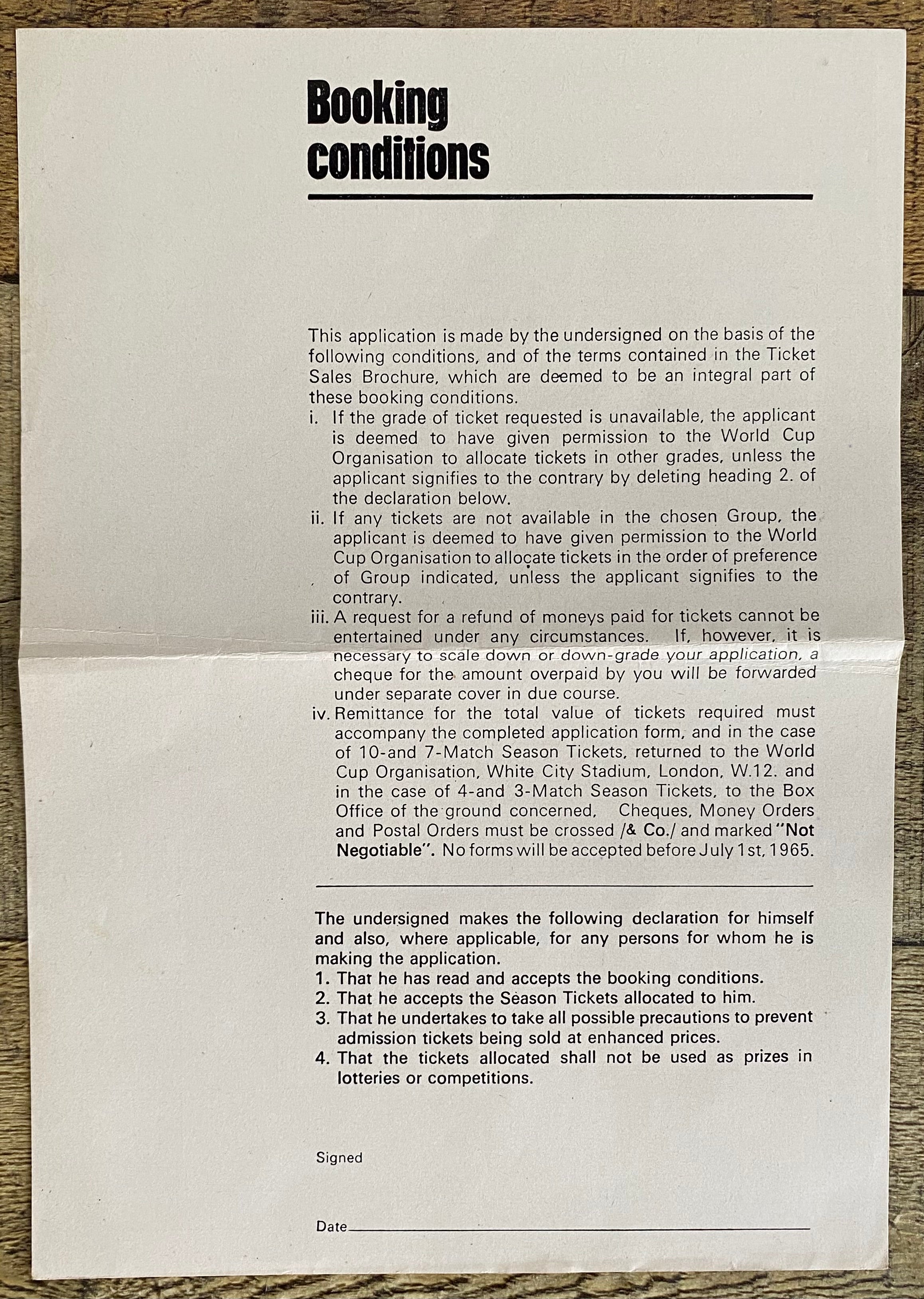 1966 WORLD CUP ORIGINAL OFFICIAL TICKET APPLICATION FORM