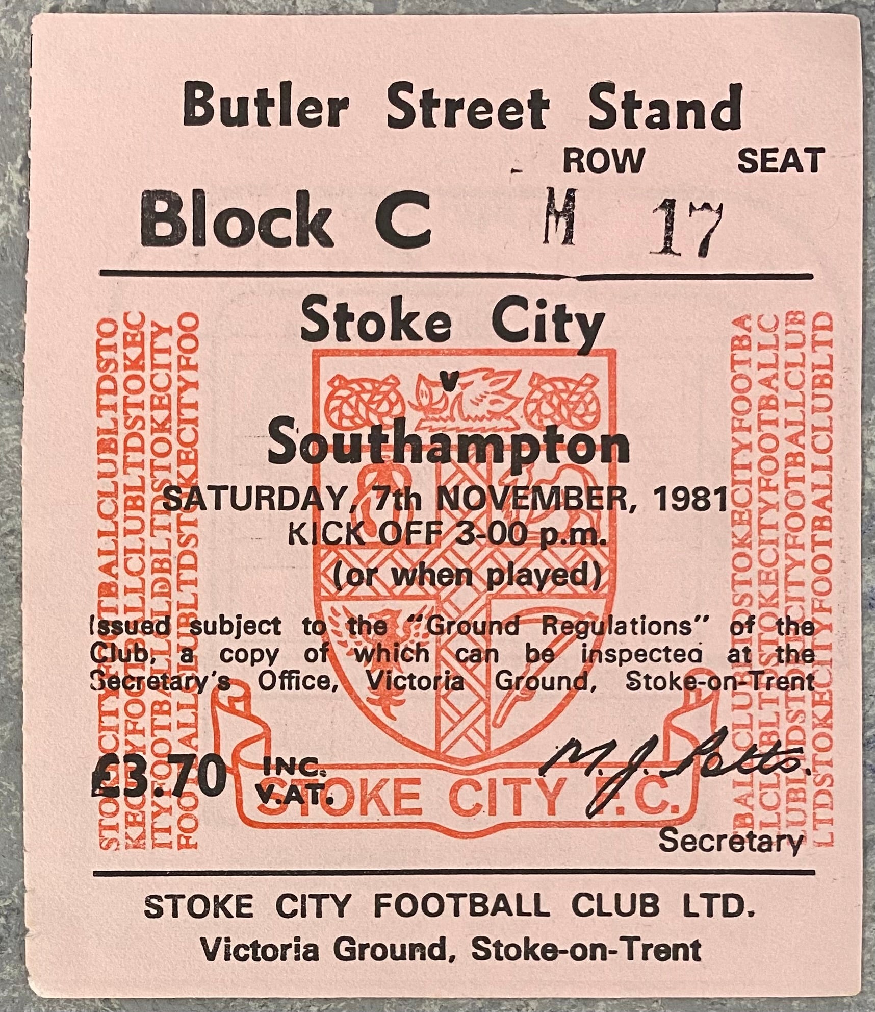 1981/82 ORIGINAL DIVISION ONE TICKET STOKE CITY V SOUTHAMPTON