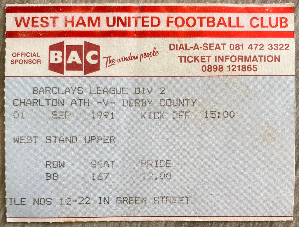 1991/92 ORIGINAL DIVISION 2 TICKET CHARLTON ATHLETIC V DERBY COUNTY