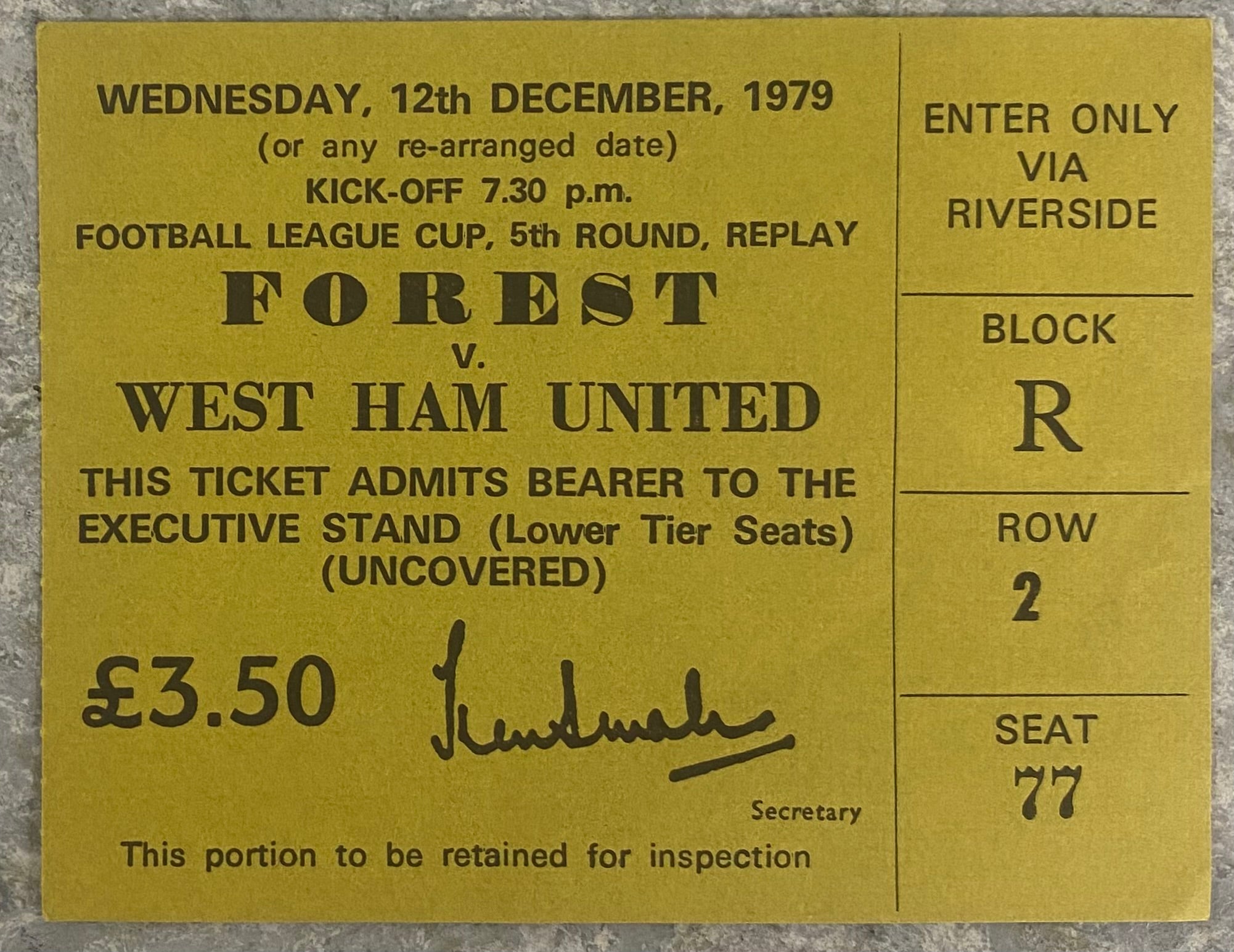 1979/80 ORIGINAL LEAGUE CUP 5TH ROUND REPLAY TICKET NOTTINGHAM FOREST V WEST HAM UNITED