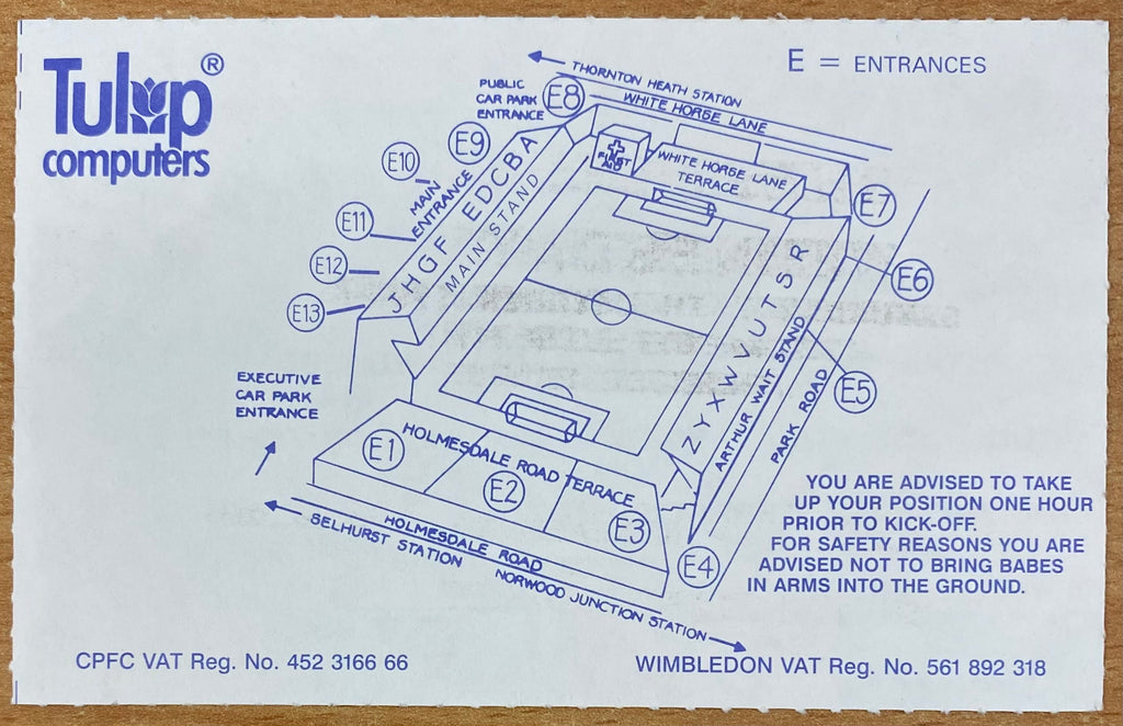 1992/93 ORIGINAL PREMIER LEAGUE TICKET CRYSTAL PALACE V SHEFFIELD WEDNESDAY