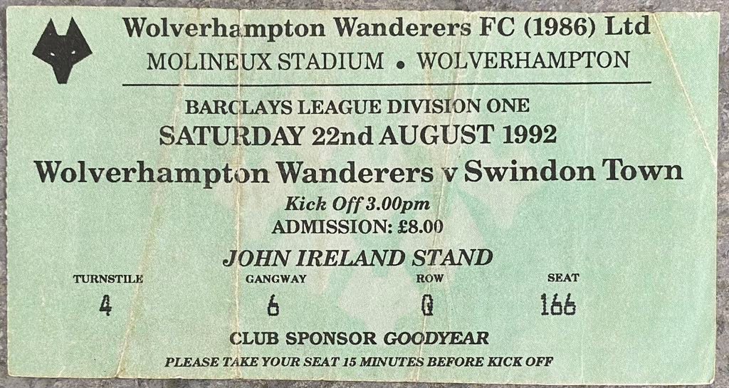 1992/93 ORIGINAL DIVISION 1 TICKET WOLVERHAMPTON WANDERERS V SWINDON TOWN