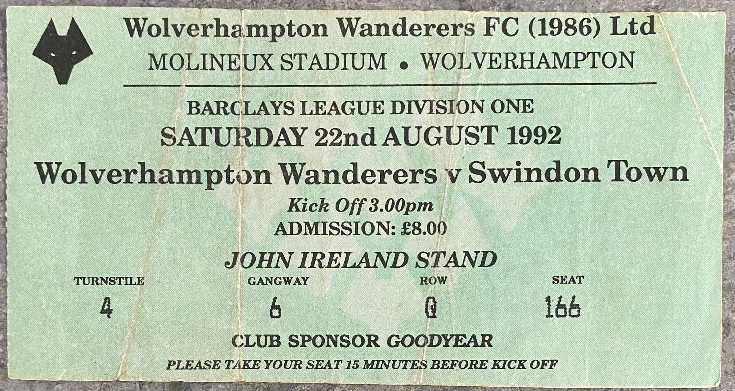 1992/93 ORIGINAL DIVISION 1 TICKET WOLVERHAMPTON WANDERERS V SWINDON TOWN