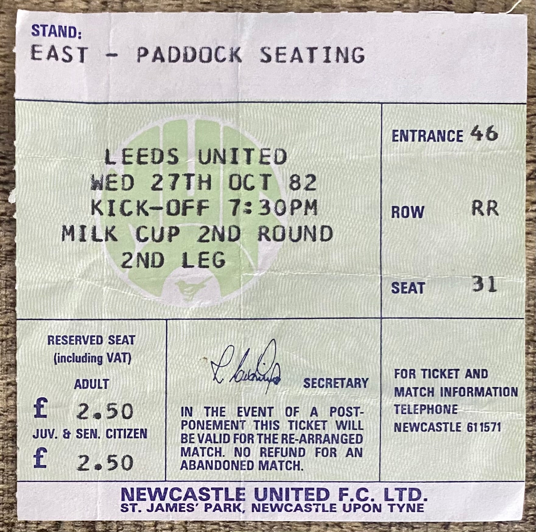 1982/83 ORIGINAL LEAGUE CUP 2ND ROUND 2ND LEG TICKET NEWCASTLE UNITED V LEEDS UNITED