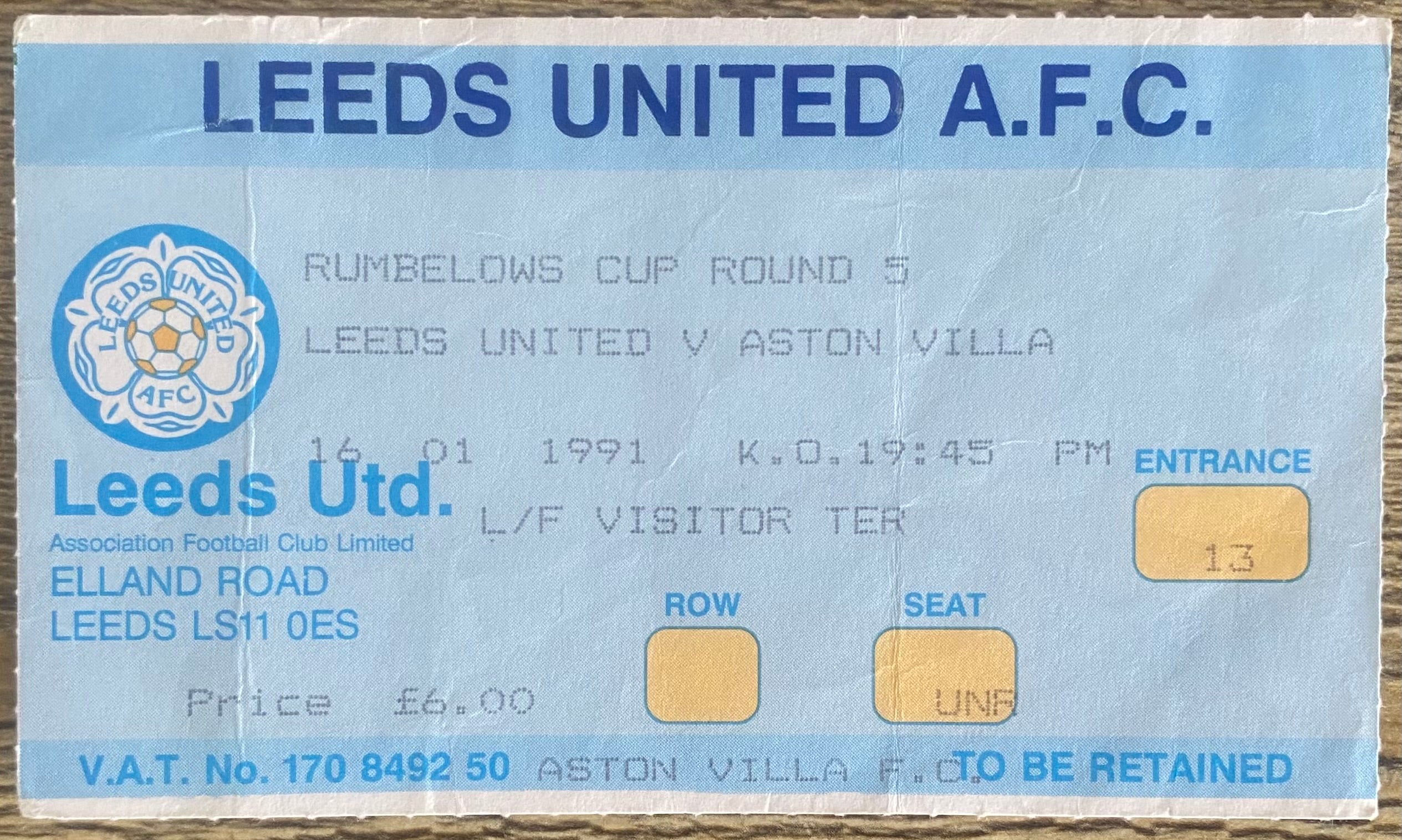 1990/91 ORIGINAL RUMBELOWS CUP 5TH ROUND TICKET LEEDS UNITED V ASTON VILLA