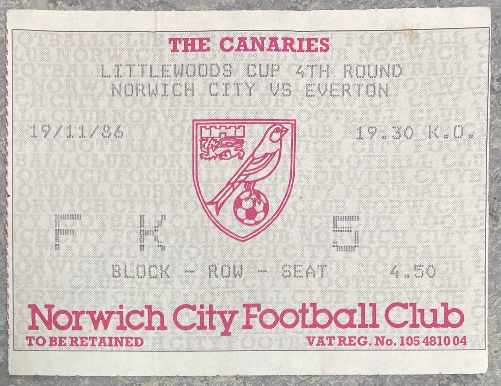 1986/87 ORIGINAL LITTLEWOODS CUP 4TH ROUND TICKET NORWICH CITY V EVERTON