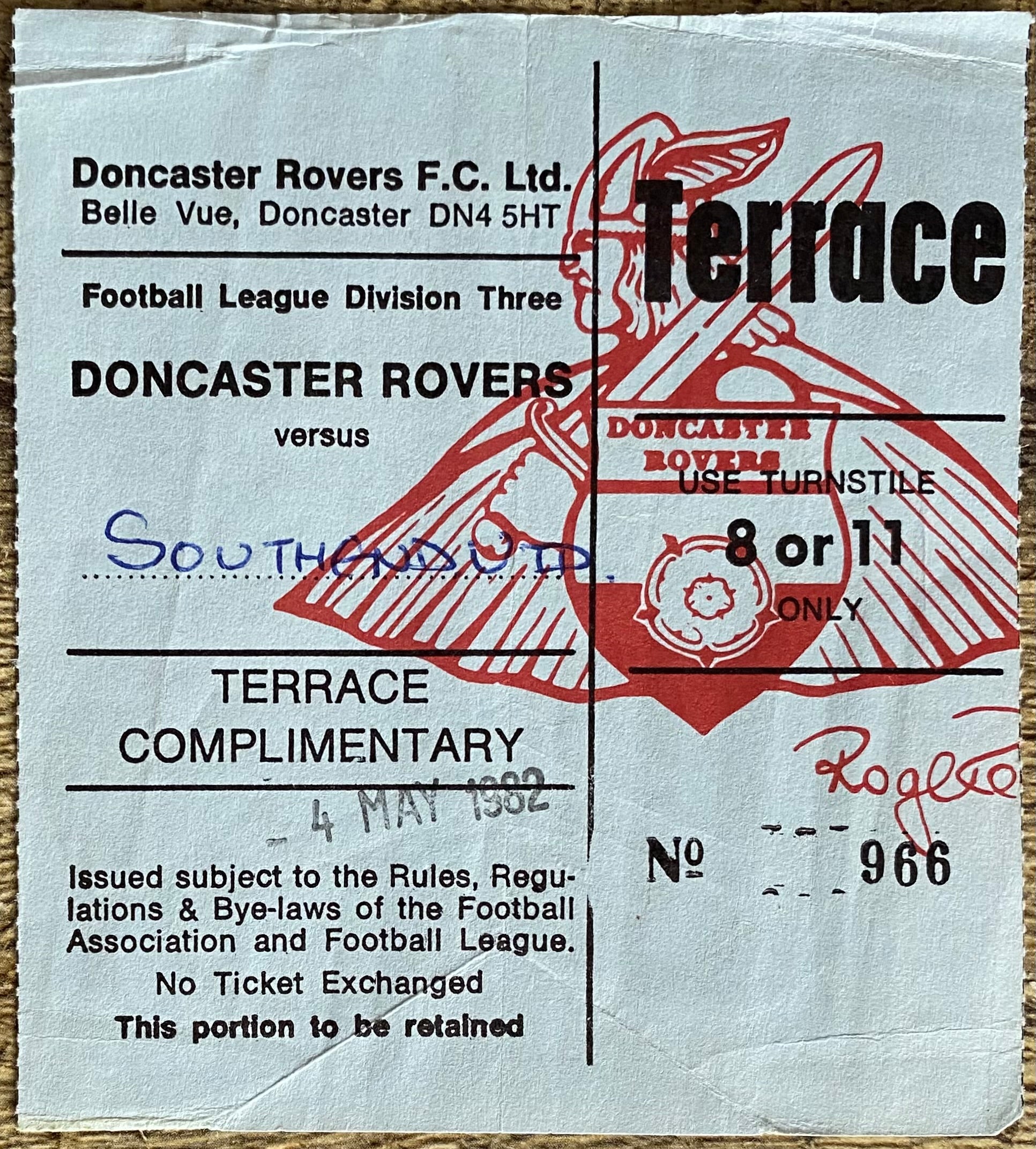 1981/82 ORIGINAL DIVISION 3 TICKET DONCASTER ROVERS V SOUTHEND UNITED