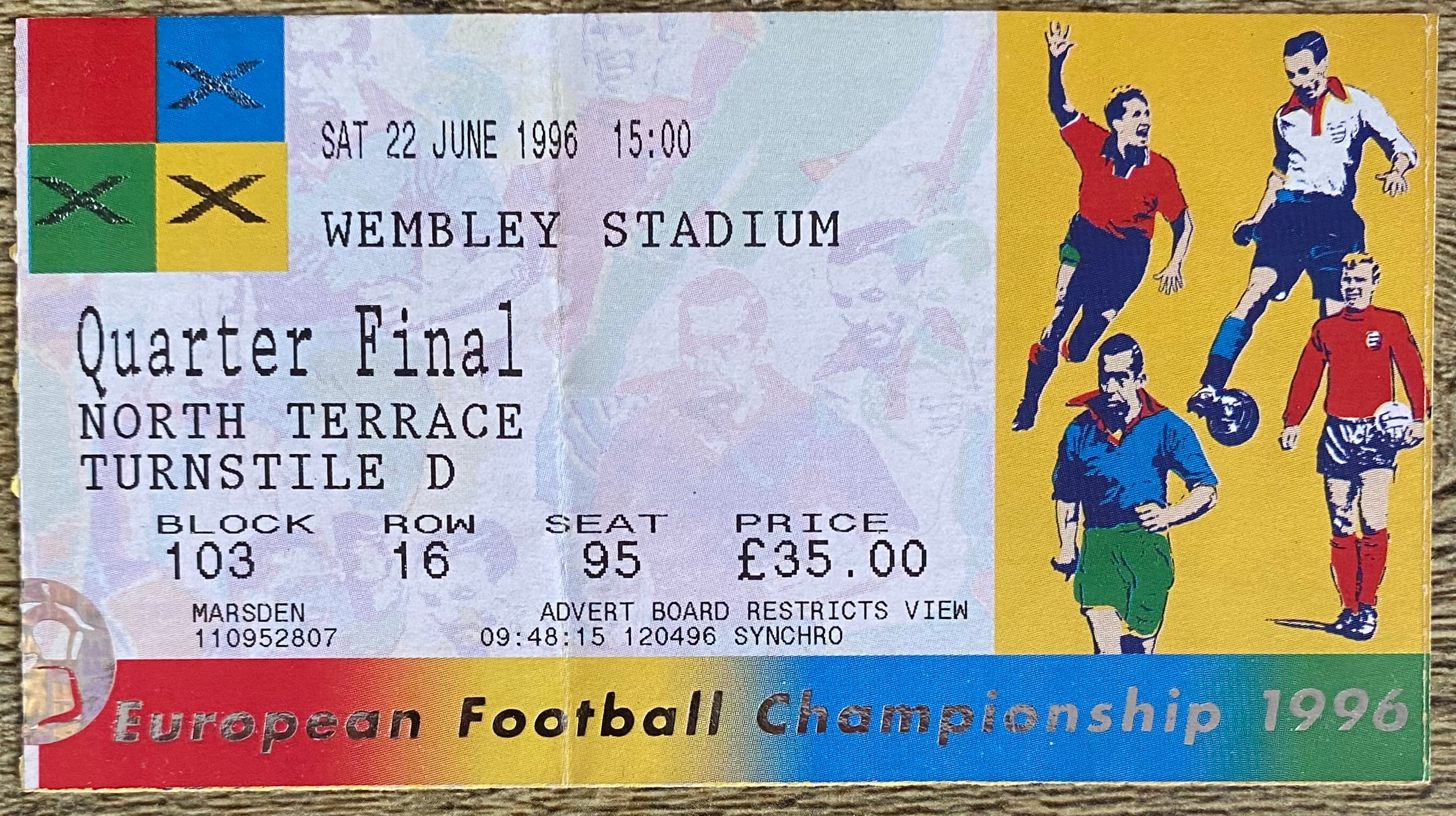 1996 ORIGINAL EUROPEAN CHAMPIONSHIPS EURO 96 QUARTER FINAL TICKET ENGLAND V SPAIN @ WEMBLEY