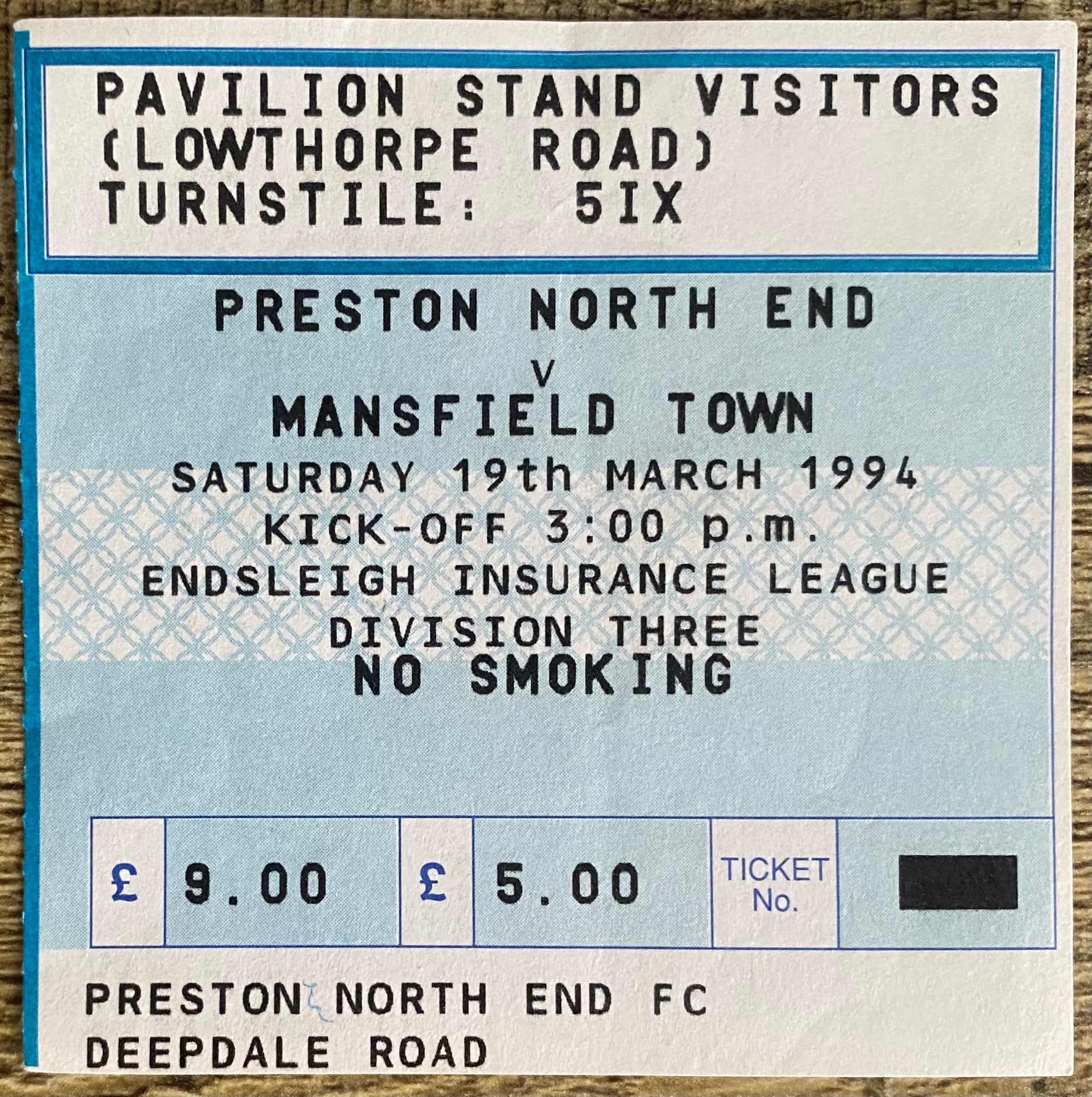 1993/94 ORIGINAL DIVISION 3 TICKET PRESTON NORTH END V MANSFIELD TOWN