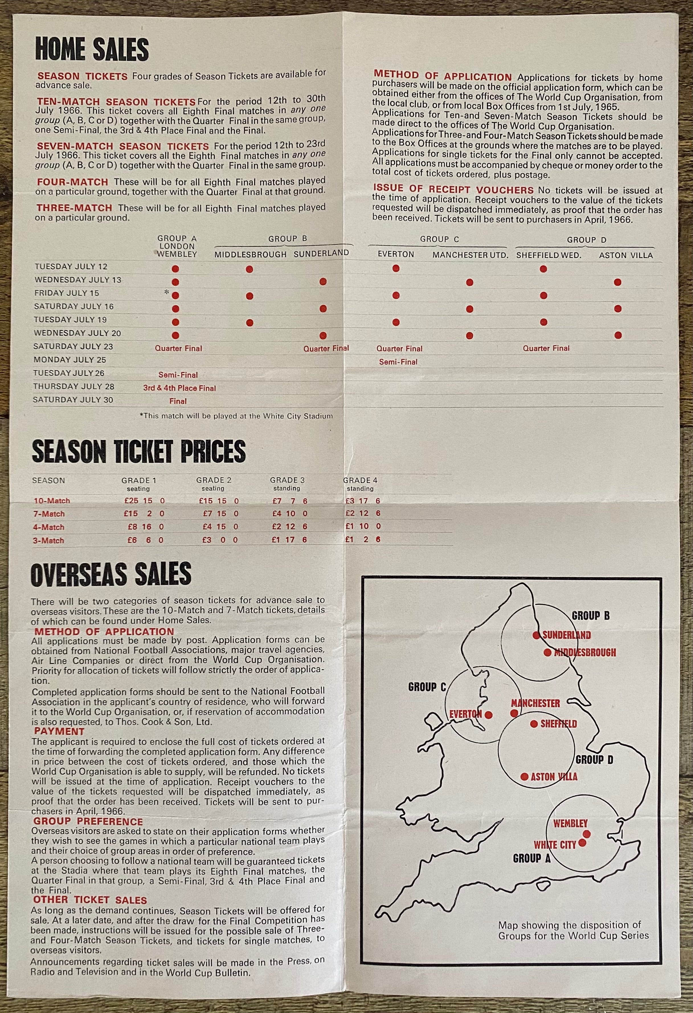 1966 WORLD CUP ORIGINAL OFFICIAL TICKET INFORMATION FOLD OUT BOOKLET