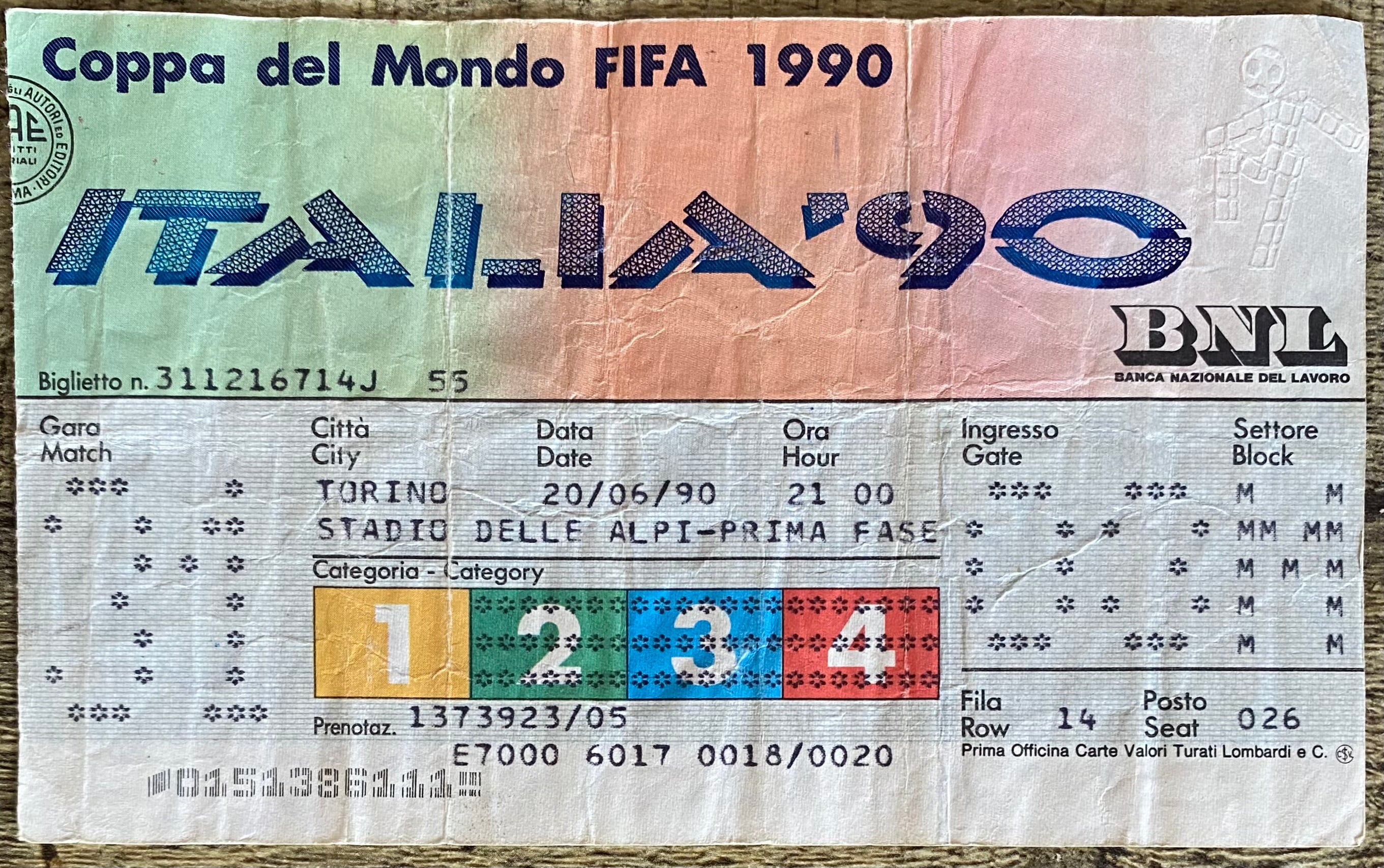 1990 ORIGINAL WORLD CUP 1ST ROUND TICKET SCOTLAND V BRAZIL @ TURIN