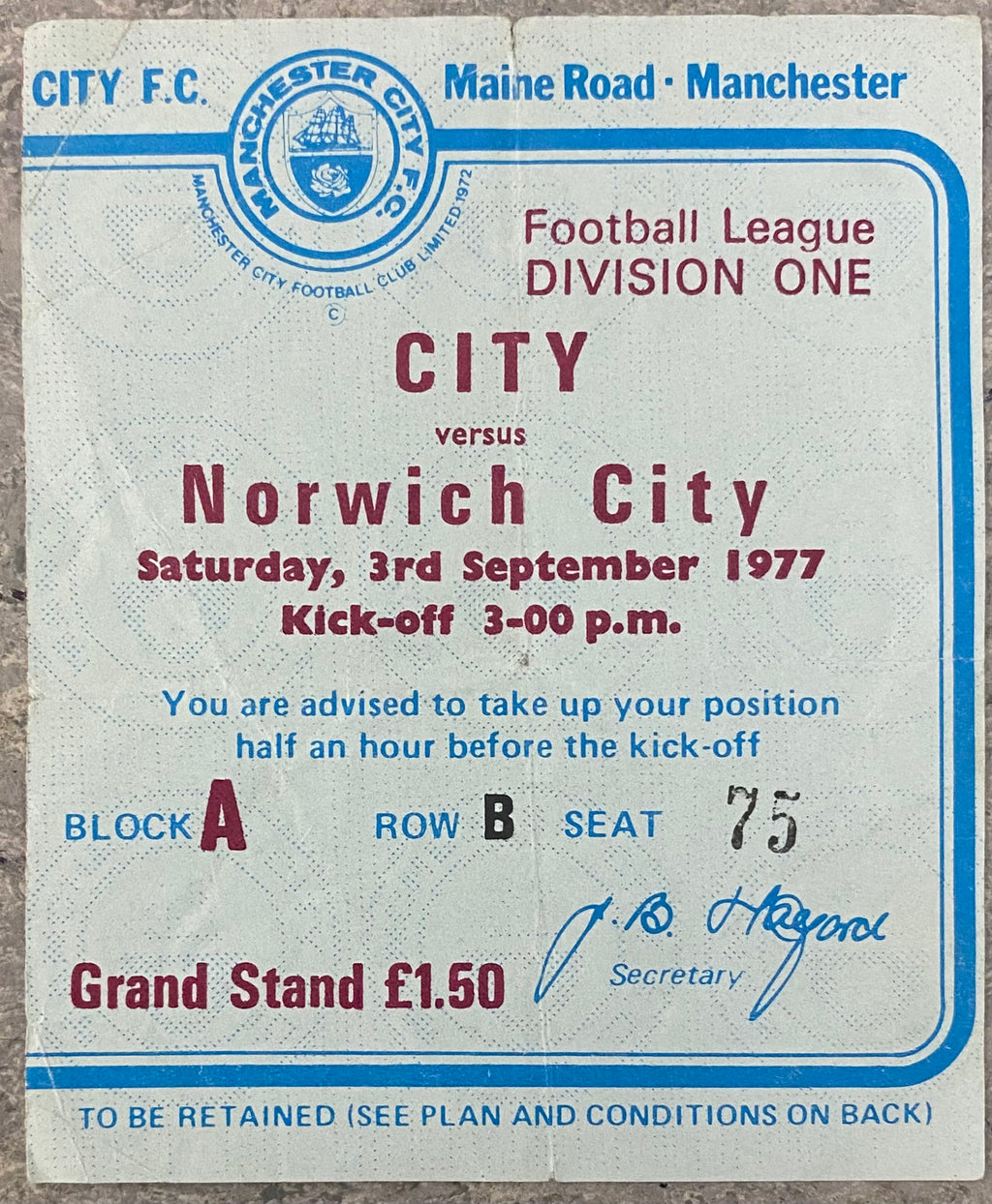 1977/78 ORIGINAL DIVISION 1 TICKET MANCHESTER CITY V NORWICH CITY