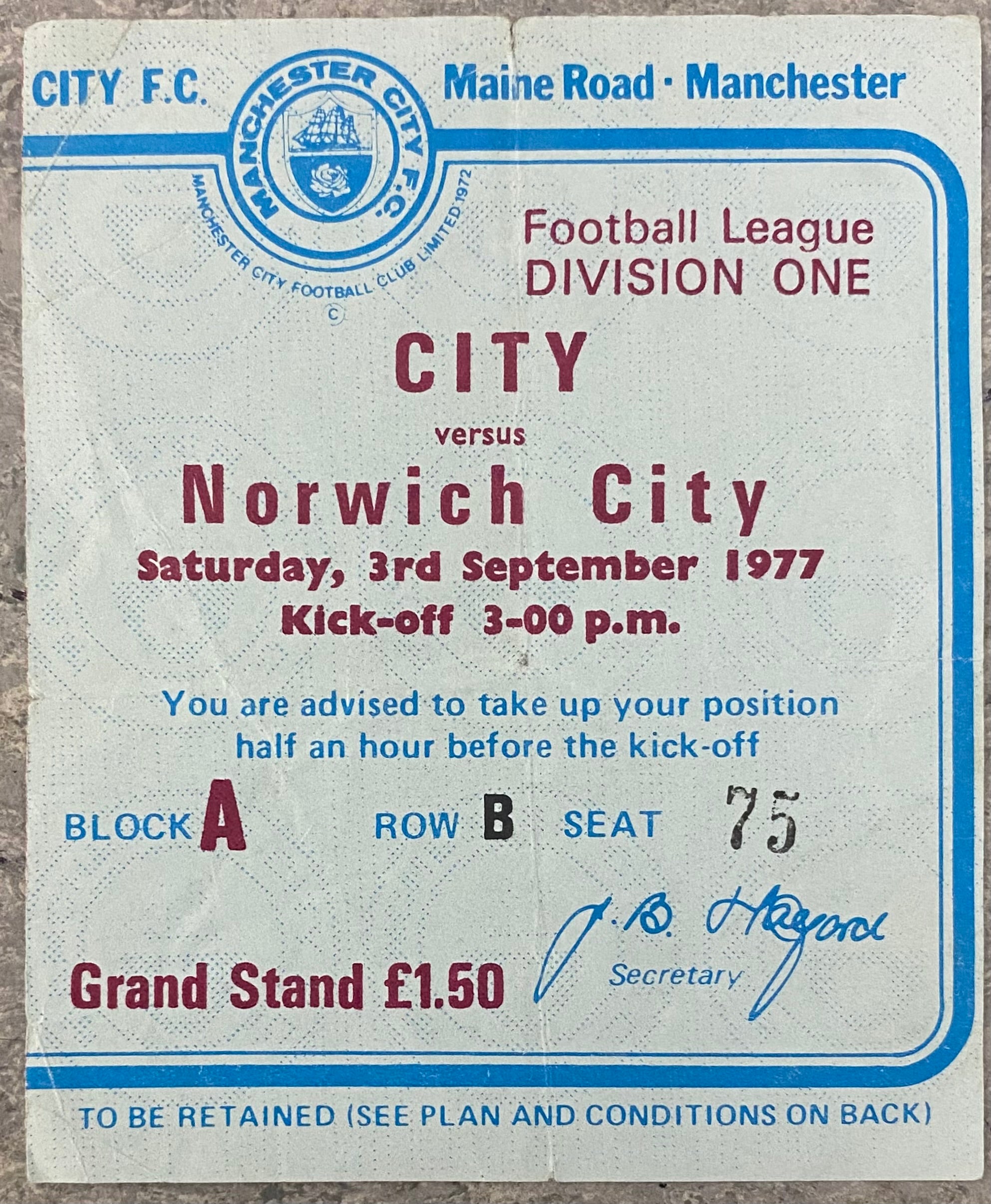 1977/78 ORIGINAL DIVISION 1 TICKET MANCHESTER CITY V NORWICH CITY