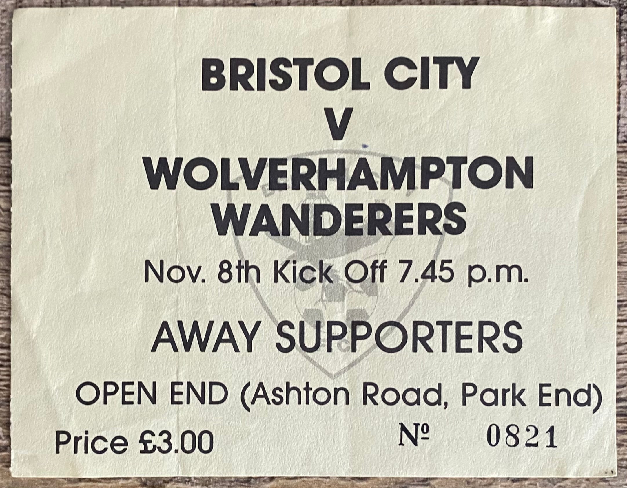 1988/89 ORIGINAL DIVISION 3 TICKET BRISTOL CITY V WOLVERHAMPTON WANDERERS