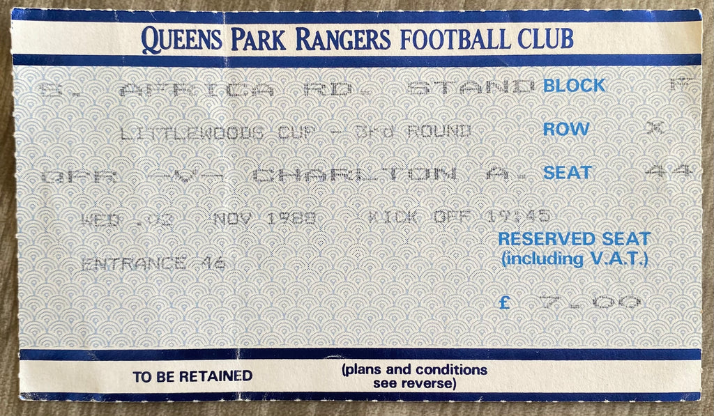 1988/89 ORIGINAL LITTLEWOODS CUP 3RD ROUND TICKET QUEENS PARK RANGERS V CHARLTON ATHLETIC