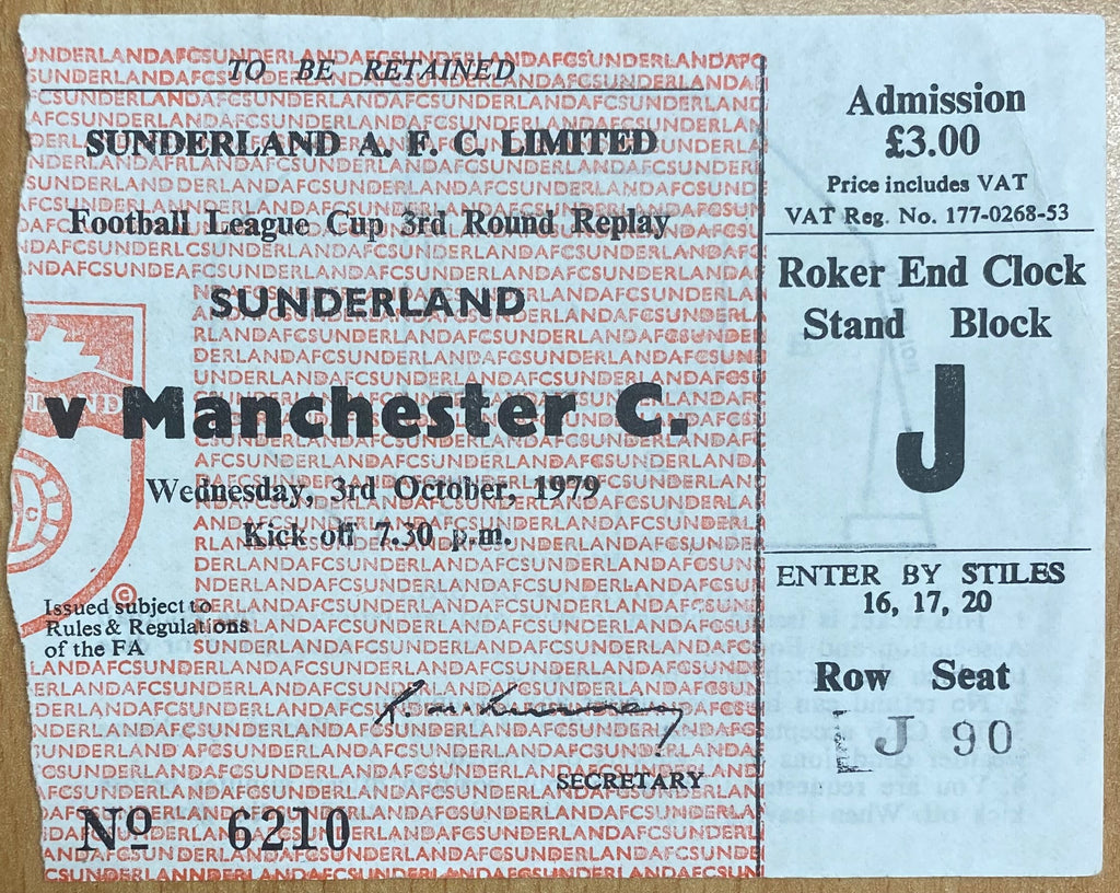 1979/80 ORIGINAL LEAGUE CUP 3RD ROUND REPLAY TICKET SUNDERLAND V MANCHESTER CITY