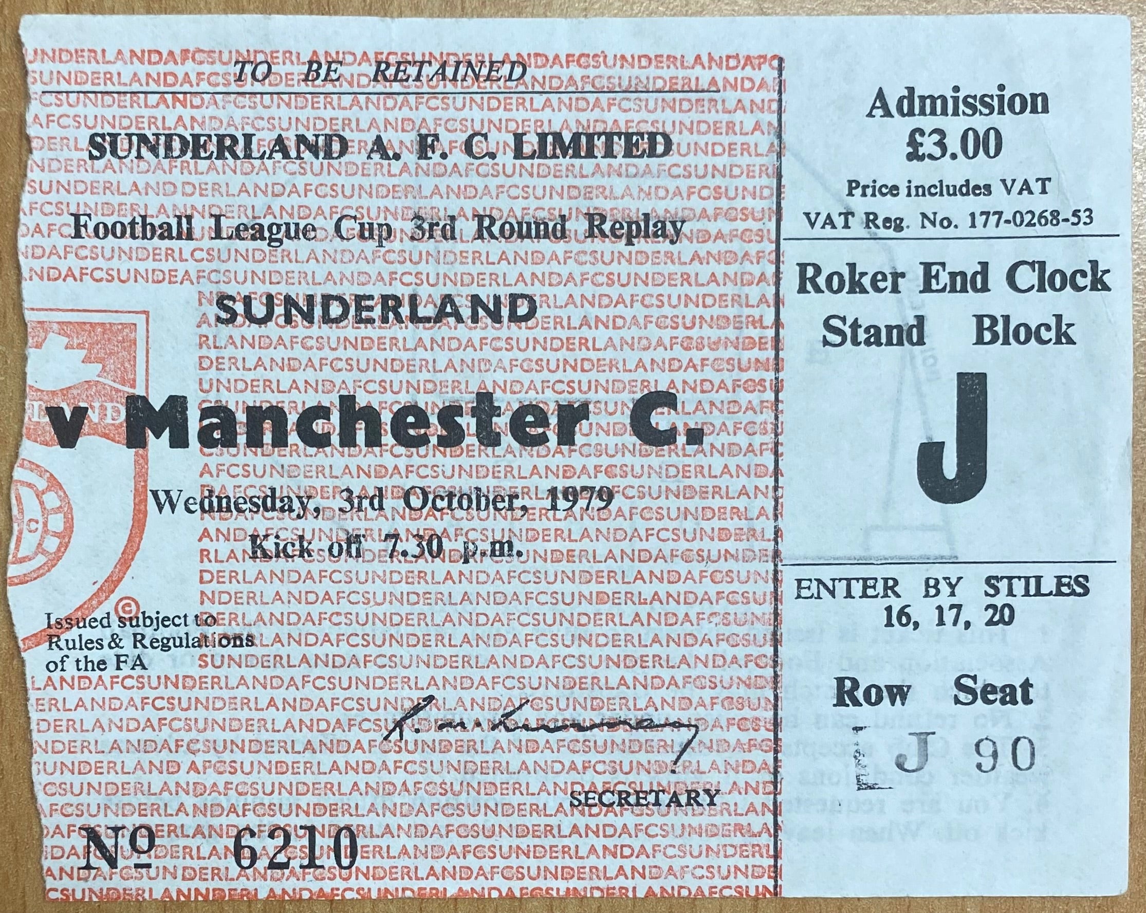 1979/80 ORIGINAL LEAGUE CUP 3RD ROUND REPLAY TICKET SUNDERLAND V MANCHESTER CITY