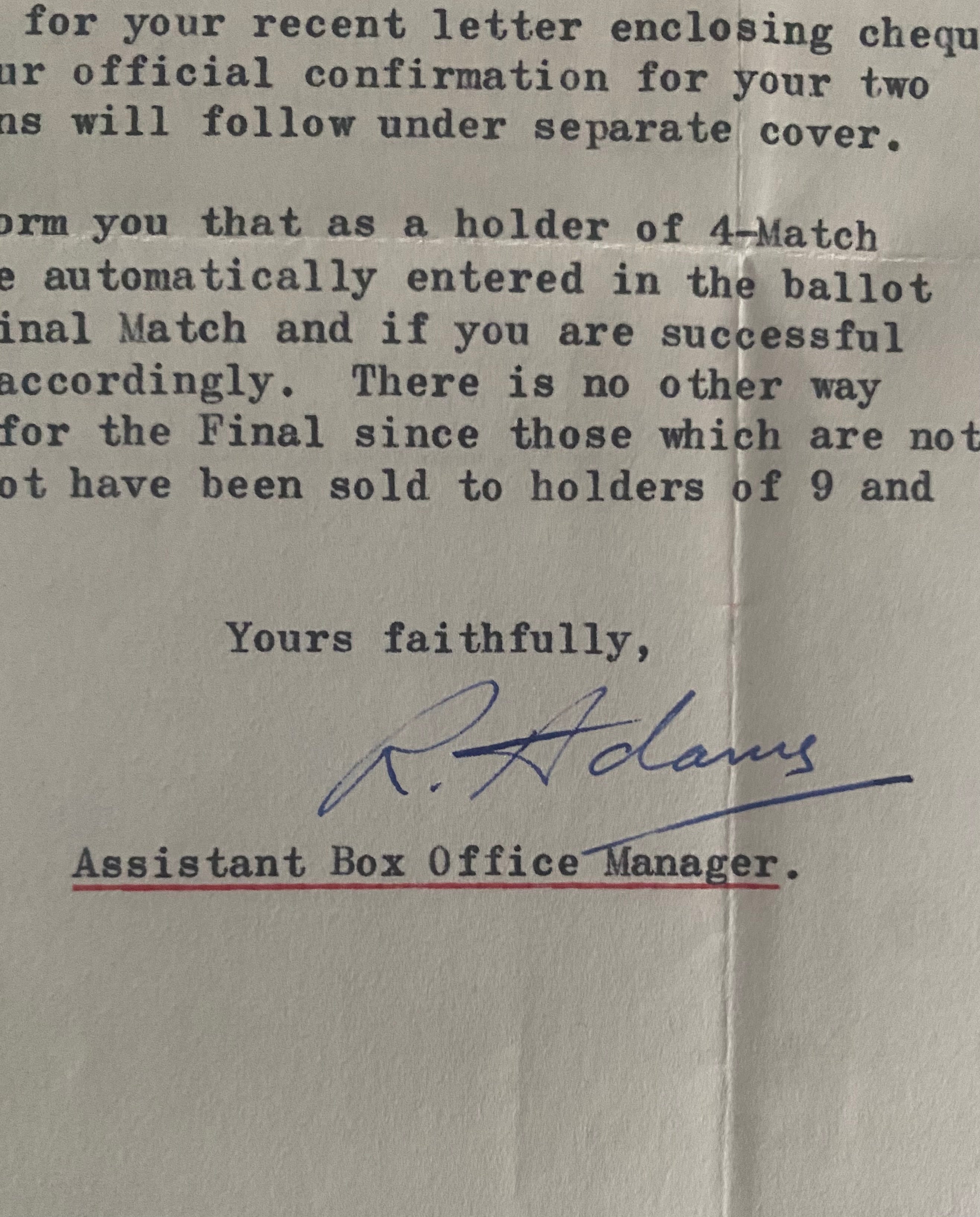 1966 WORLD CUP ORIGINAL OFFICIAL LETTER (WEMBLEY TICKET SALES) APR 1966