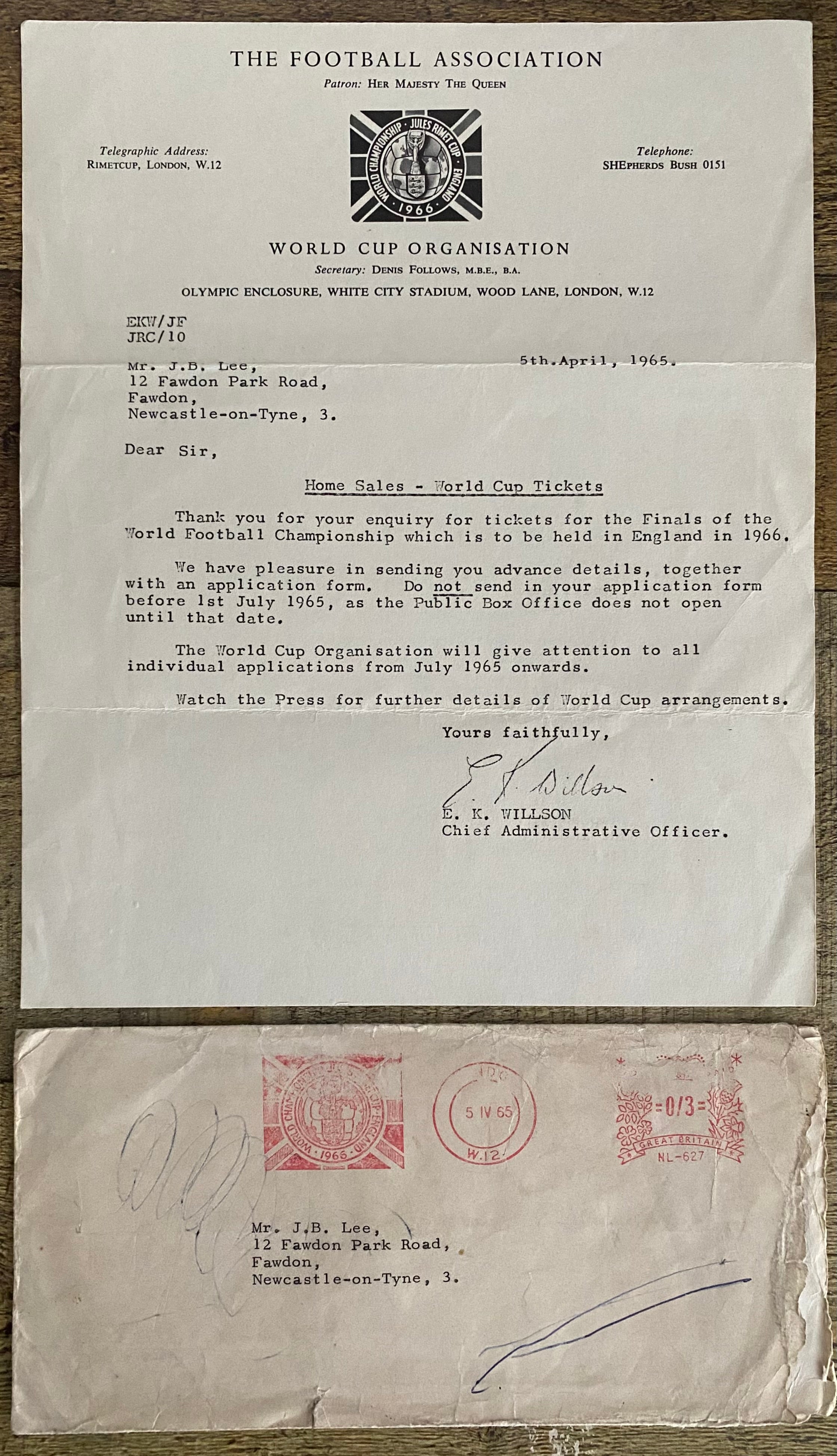 1966 WORLD CUP ORIGINAL OFFICIAL LETTER (WHITE CITY TICKET SALES) APR 1965 & ORIGINAL ENVELOPE