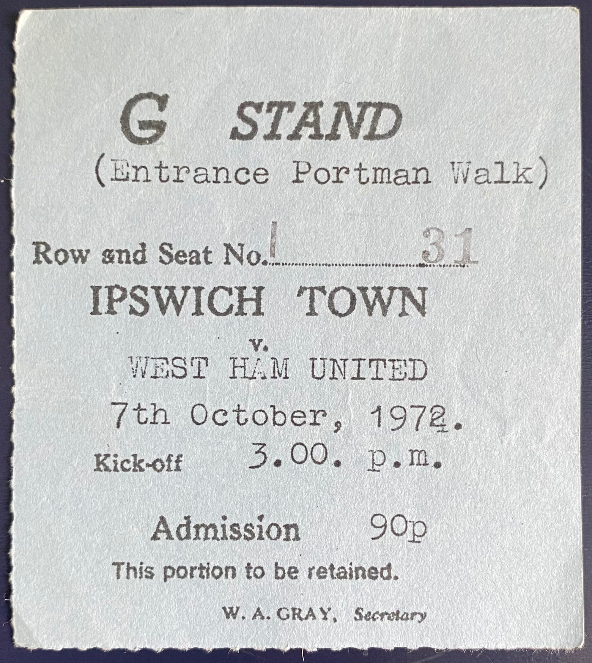 1972/73 ORIGINAL DIVISION 1 TICKET IPSWICH TOWN V WEST HAM UNITED