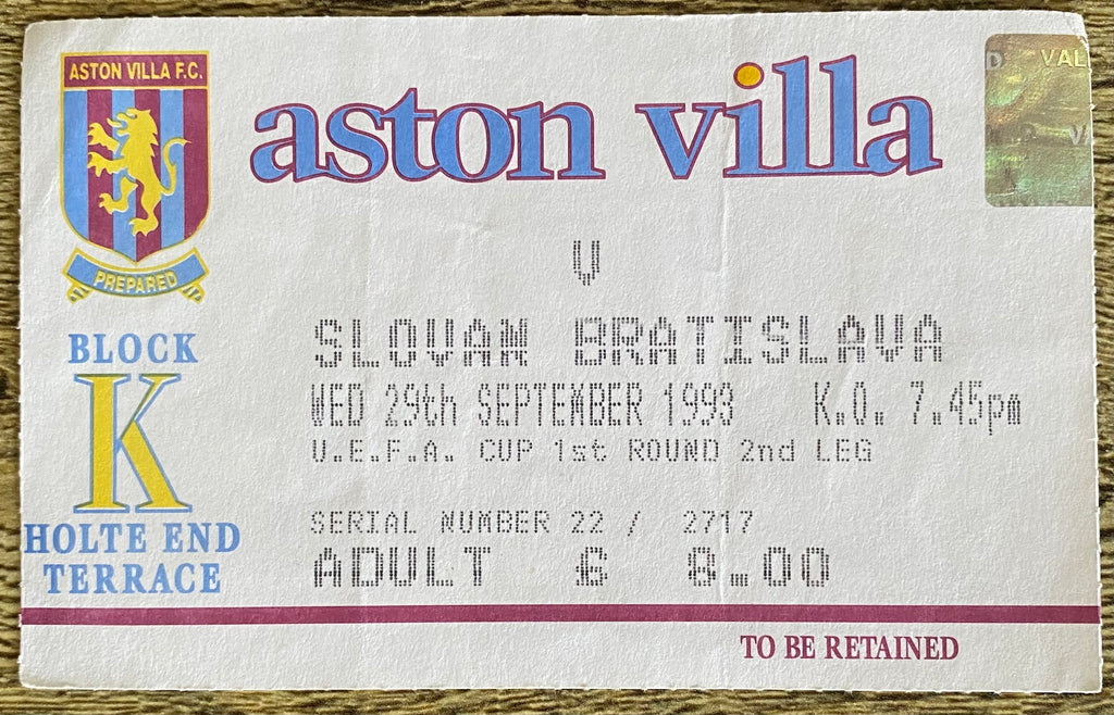 1993/94 ORIGINAL UEFA CUP 1ST ROUND 2ND LEG TICKET ASTON VILLA V SLOVAN BRATISLAVA