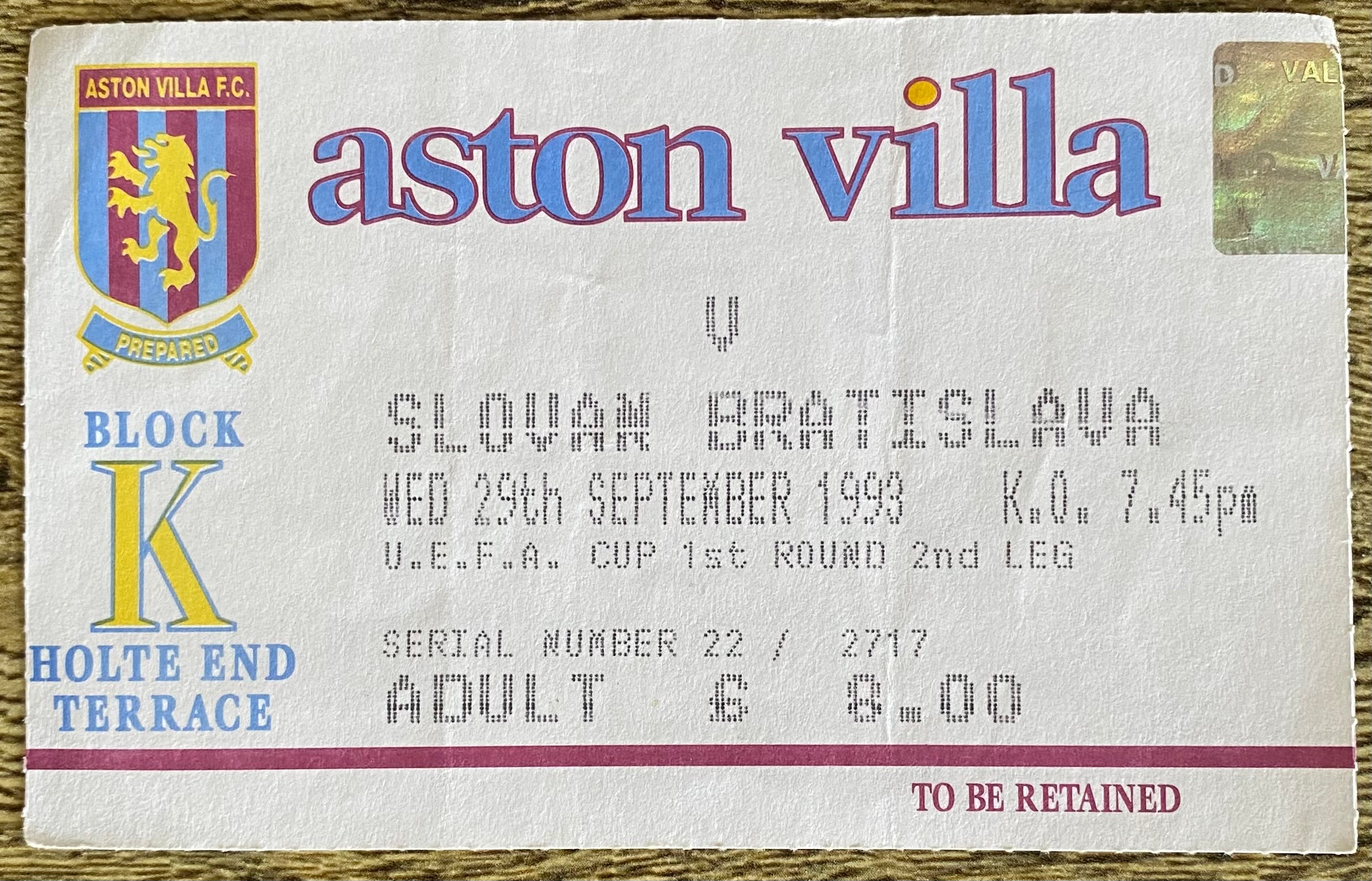 1993/94 ORIGINAL UEFA CUP 1ST ROUND 2ND LEG TICKET ASTON VILLA V SLOVAN BRATISLAVA