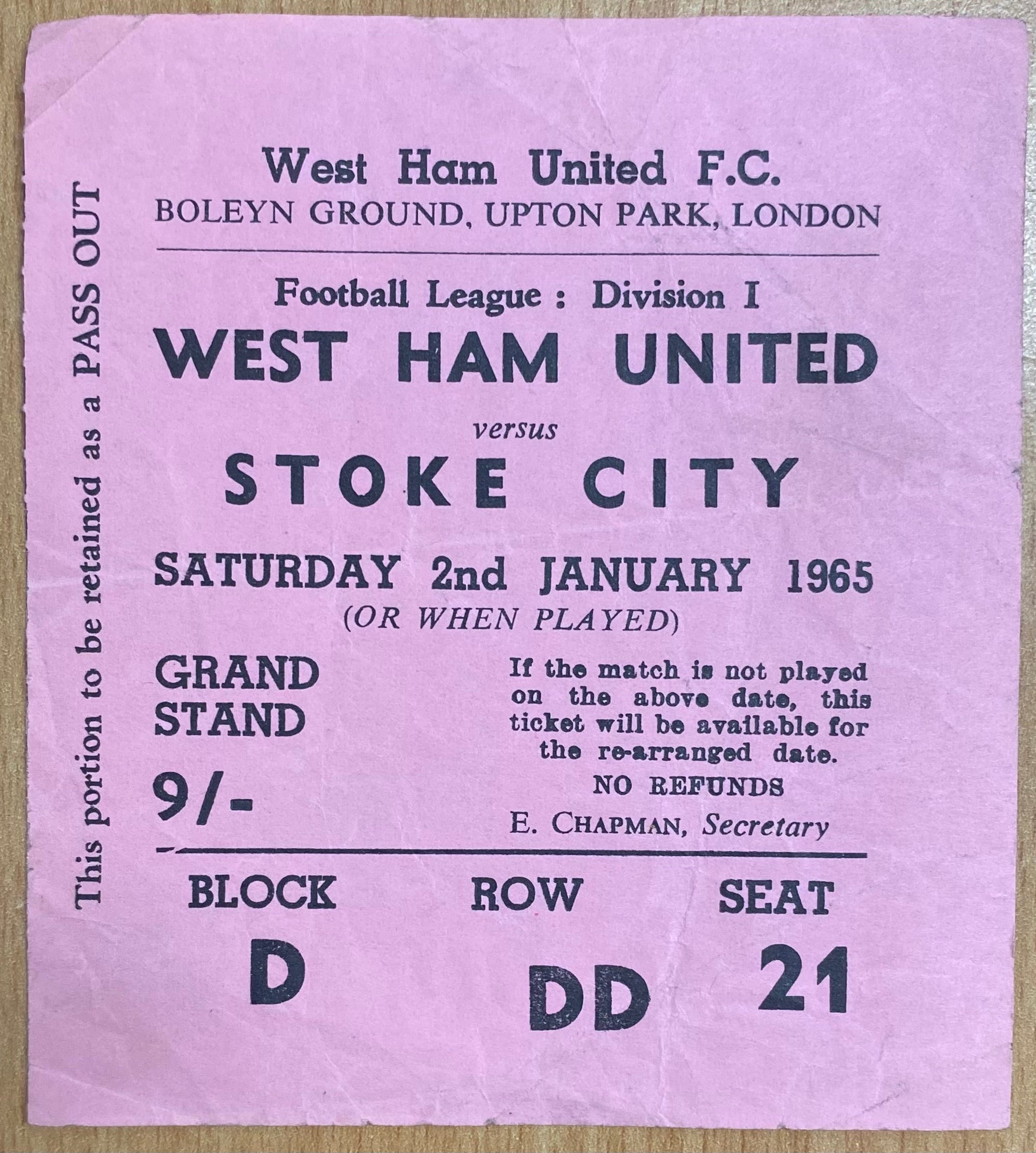 1964/65 ORIGINAL DIVISION ONE TICKET WEST HAM UNITED V STOKE CITY