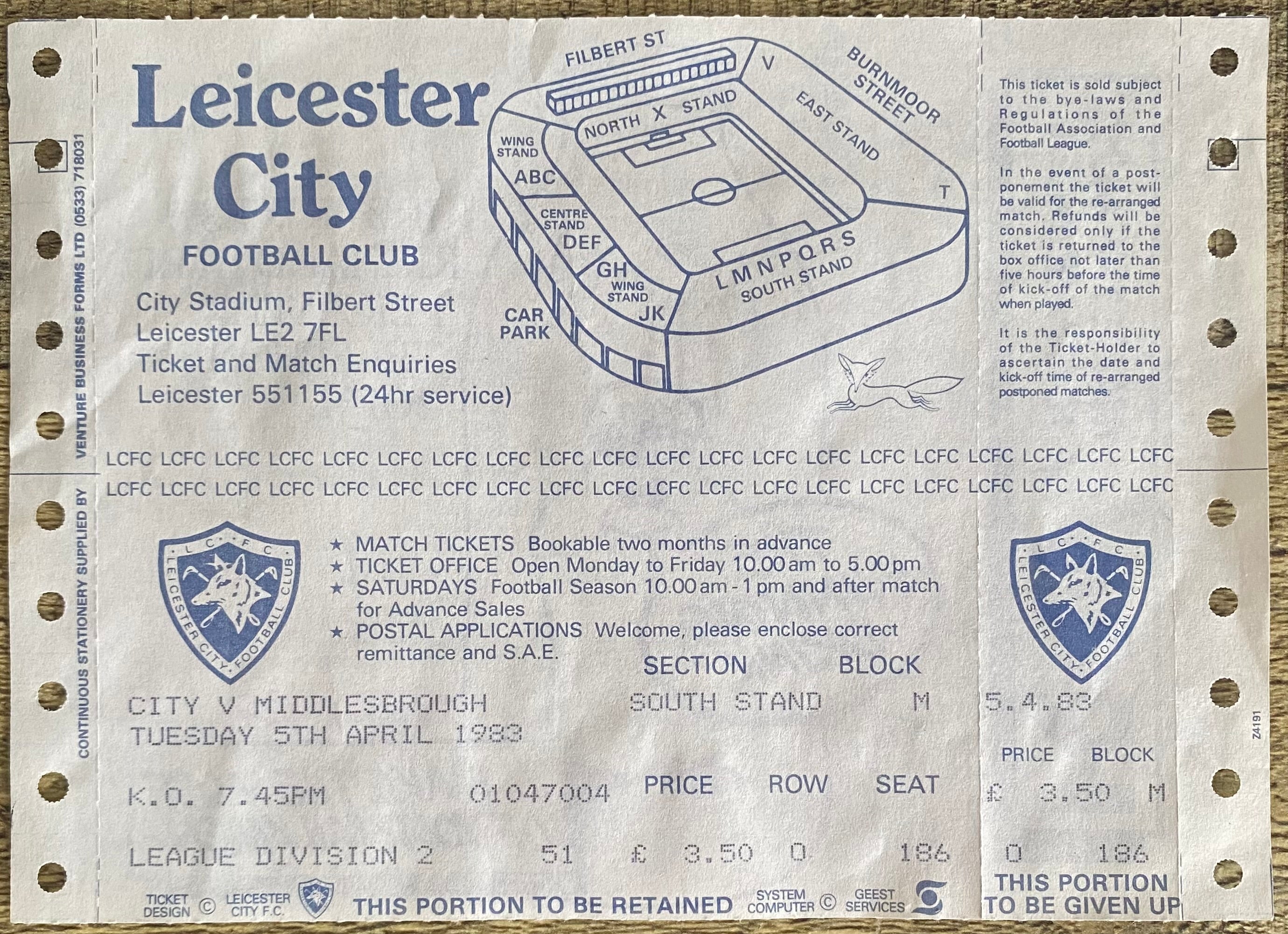 1982/83 ORIGINAL DIVISION TWO UNUSED TICKET LEICESTER CITY V MIDDLESBROUGH