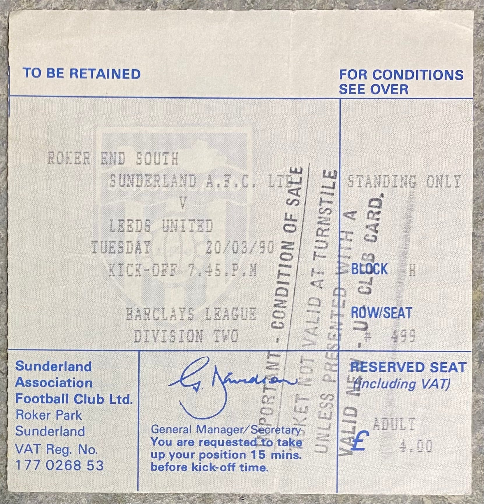 1989/90 ORIGINAL DIVISION TWO TICKET SUNDERLAND V LEEDS UNITED