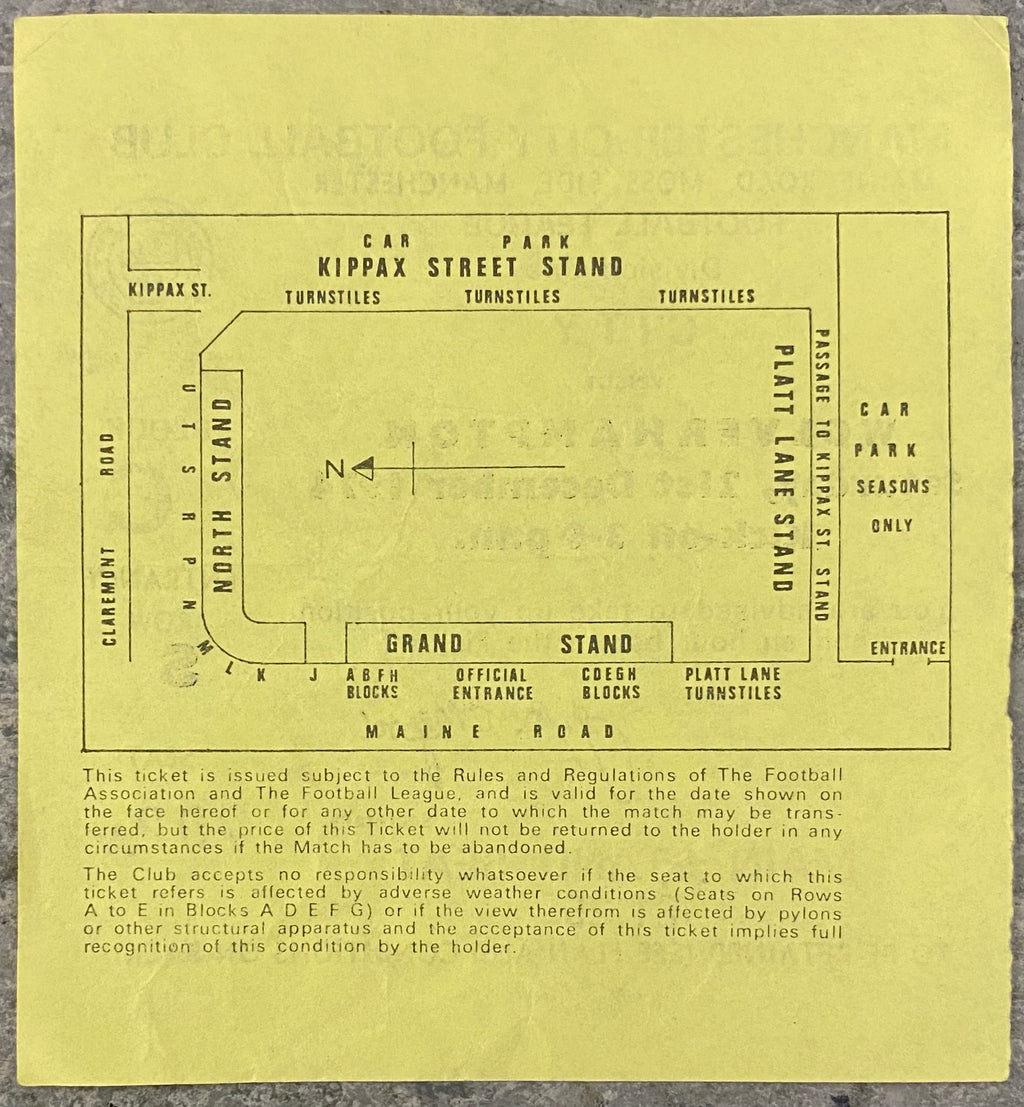 1974/75 ORIGINAL DIVISION 1 TICKET MANCHESTER CITY V WOLVERHAMPTON WANDERERS