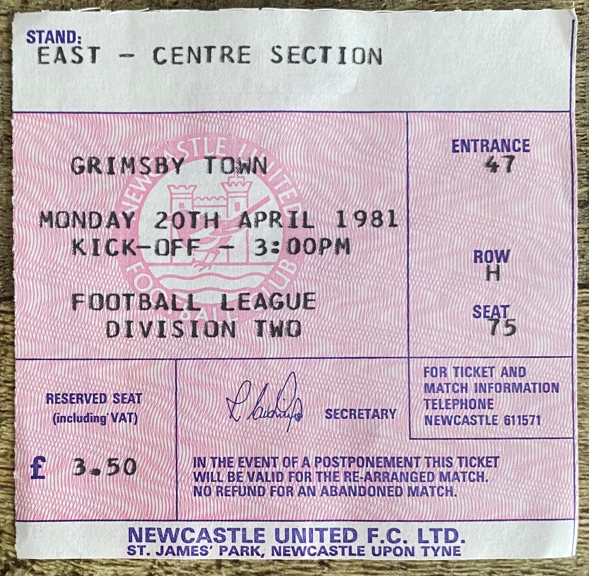 1980/81 ORIGINAL DIVISION TWO TICKET NEWCASTLE UNITED V GRIMSBY TOWN