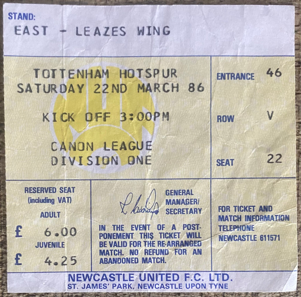 1985/86 ORIGINAL DIVISION 1 TICKET NEWCASTLE UNITED V TOTTENHAM HOTSPUR