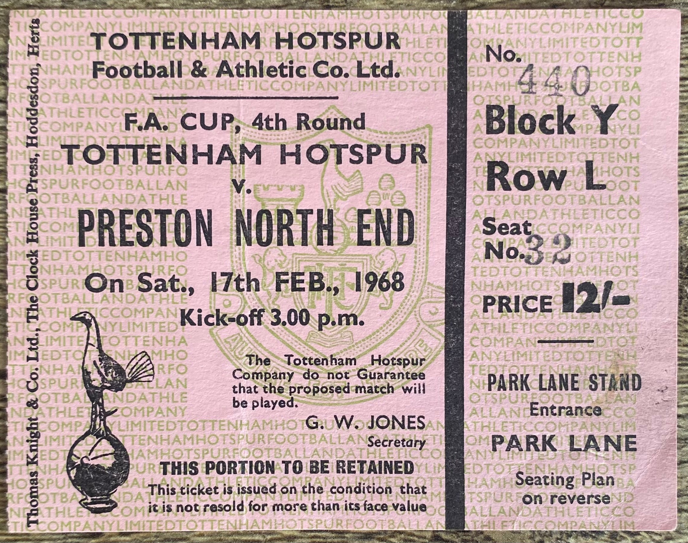 1967/68 ORIGINAL FA CUP 4TH ROUND TICKET TOTTENHAM HOTSPUR V PRESTON NORTH END