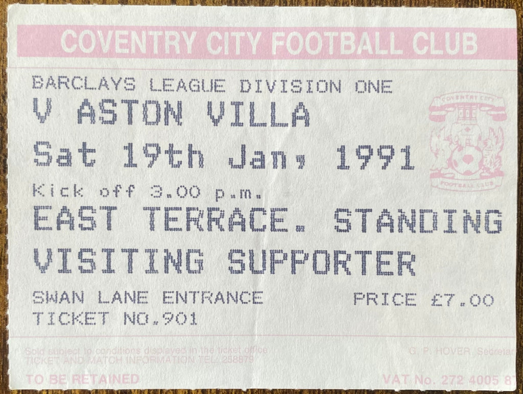 1990/91 ORIGINAL DIVISION 1 TICKET COVENTRY CITY V ASTON VILLA